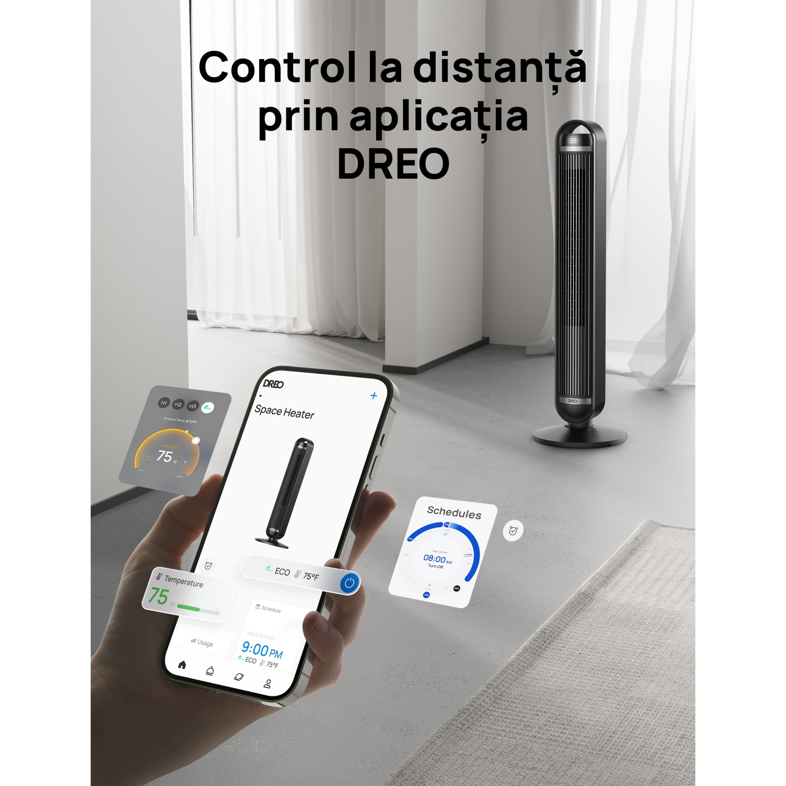 Ventilator Turn Smart DREO Cruiser DR-HTF011S, 9 viteze, 4 functii,106cm, HyperSilent 25dB ,oscilatie 90°, negru - OVIX - Găsești soluții de încălzire, răcire și ventilare, toate integrate și controlabile dintr-o singură platformă.