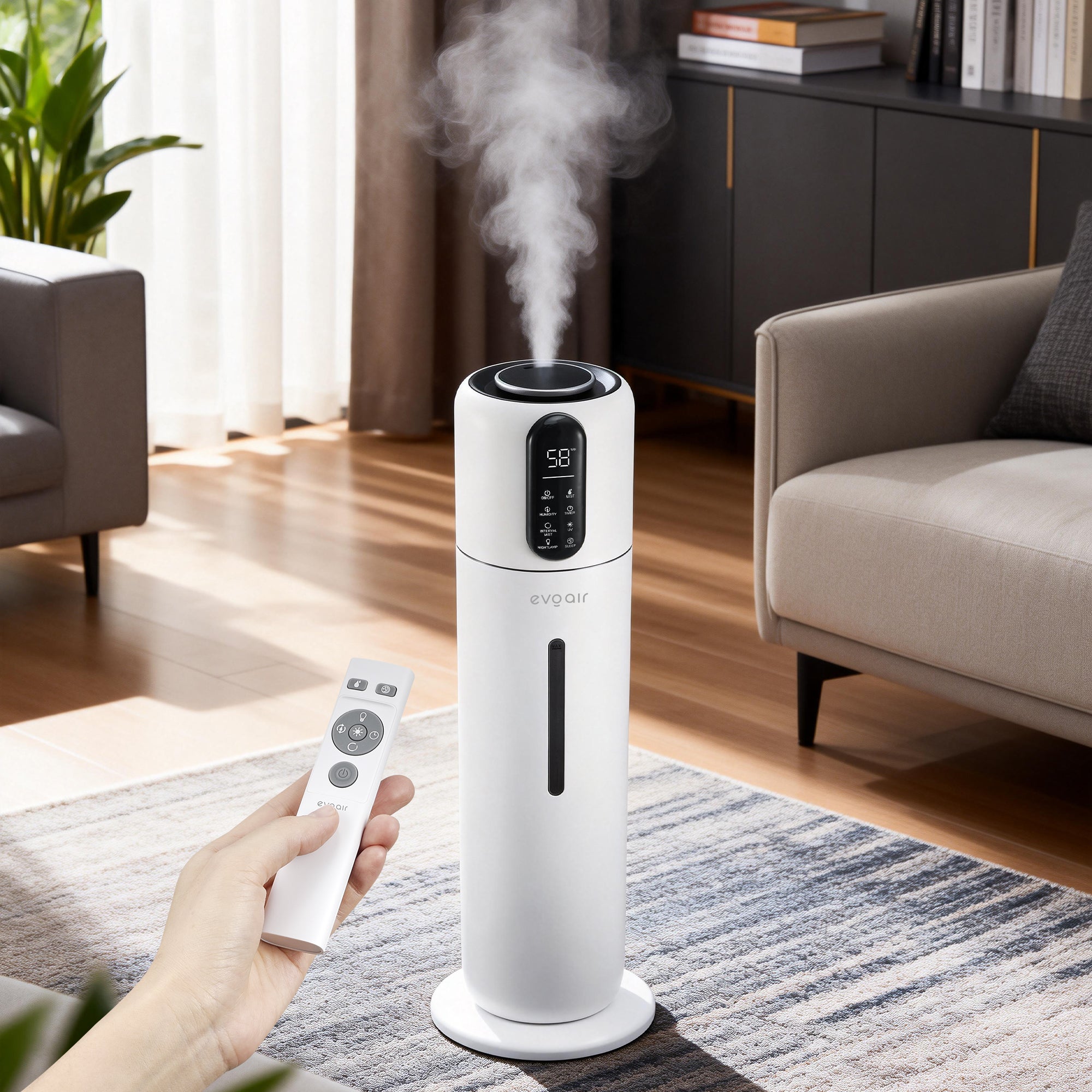 Umidificator Evoair STEAMIX8500 Smart, Wifi, Rezervor 8.5L, Capacitate de umidificare 300ml/h, Senzor umiditate, Mod Auto, Autonomie 28 ore, Lampă UVA, Aromaterapie, Indicator umiditate și temperatură, Telecomandă, Alb - OVIX - Găsești soluții de încălzire, răcire și ventilare, toate integrate și controlabile dintr-o singură platformă.