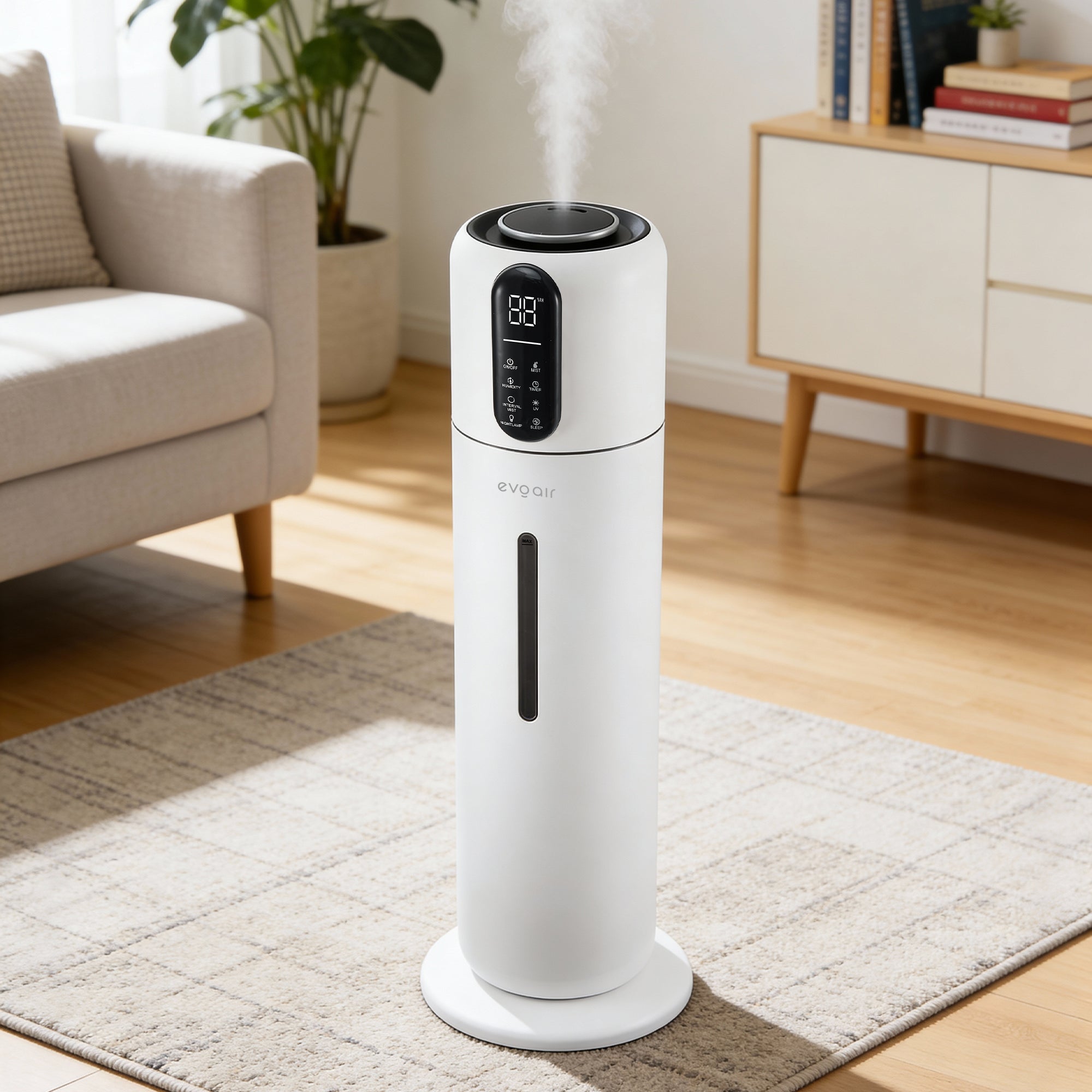Umidificator Evoair STEAMIX8500 Smart, Wifi, Rezervor 8.5L, Capacitate de umidificare 300ml/h, Senzor umiditate, Mod Auto, Autonomie 28 ore, Lampă UVA, Aromaterapie, Indicator umiditate și temperatură, Telecomandă, Alb - OVIX - Găsești soluții de încălzire, răcire și ventilare, toate integrate și controlabile dintr-o singură platformă.