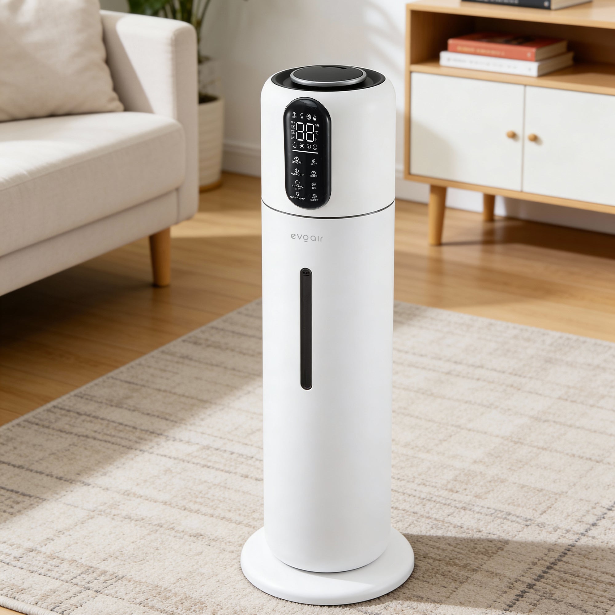 Umidificator Evoair STEAMIX8500 Smart, Wifi, Rezervor 8.5L, Capacitate de umidificare 300ml/h, Senzor umiditate, Mod Auto, Autonomie 28 ore, Lampă UVA, Aromaterapie, Indicator umiditate și temperatură, Telecomandă, Alb - OVIX - Găsești soluții de încălzire, răcire și ventilare, toate integrate și controlabile dintr-o singură platformă.