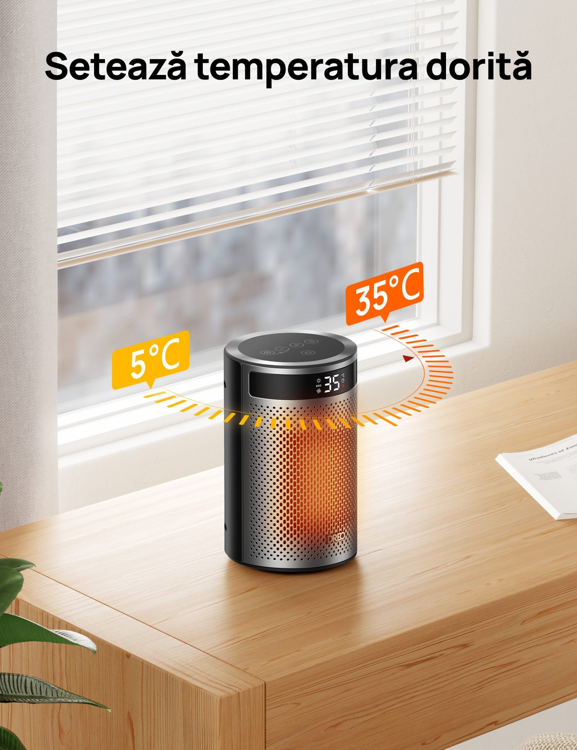 Aeroterma Dreo Atom 416, 1500W, Heater Ceramica, Termostat, Timer 12h, Display LED, Eco Mode, Silentios, Mod Eco, Telecomanda, Negru&Argintiu