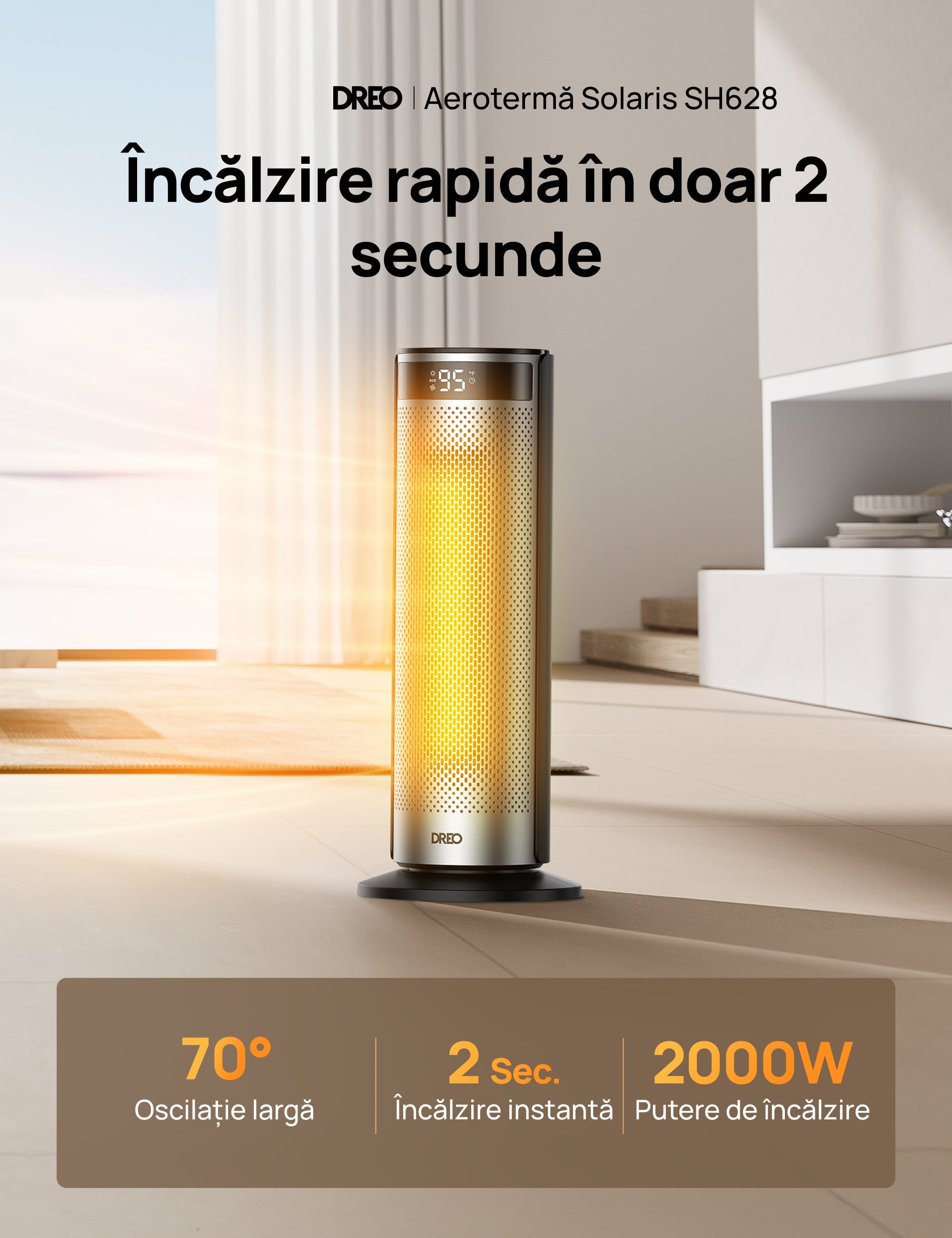 Aeroterma Dreo Solaris SH628, 2000W, Heater Ceramica, Termostat, Eco Mode, Funcție Ventilator, Oscilatie 70°, Timer 12h, Silentios, Display LED, Telecomanda, Negru&Argintiu - OVIX - Găsești soluții de încălzire, răcire și ventilare, toate integrate și controlabile dintr-o singură platformă.