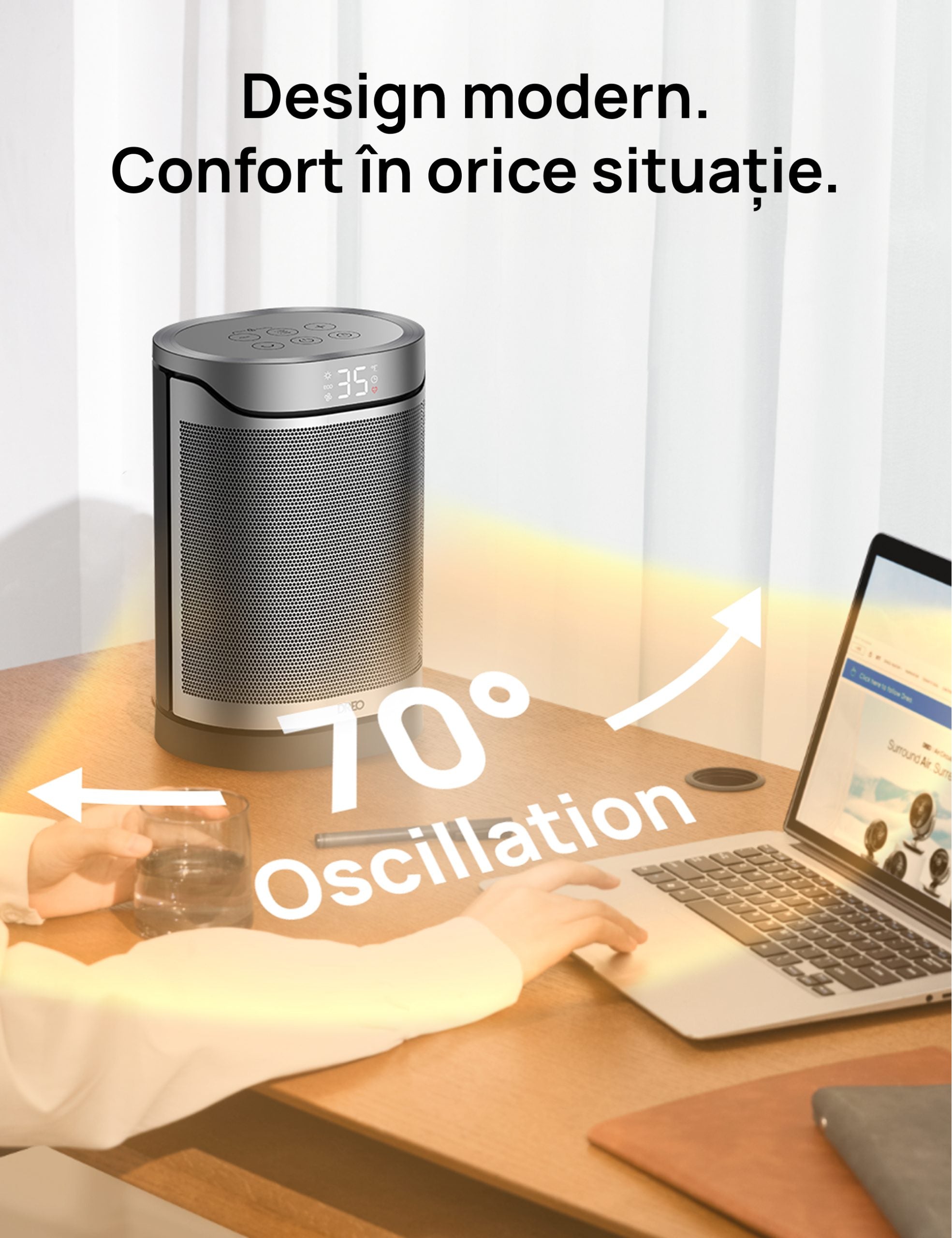 Aeroterma Dreo Atom 318, 1500W, Heater Ceramica, Termostat, Eco Mode, Funcție Ventilator, Oscilatie 70°, Timer 12h, Silentios, Display LED, Telecomanda, Negru&Argintiu - OVIX - Găsești soluții de încălzire, răcire și ventilare, toate integrate și controlabile dintr-o singură platformă.