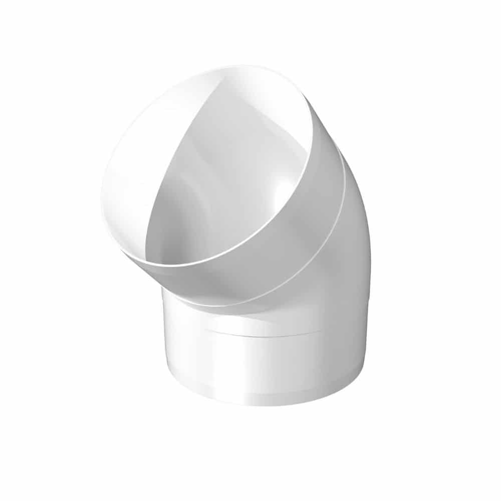 Cot Tubulatura Ø100mm, 45° PVC - OVIX - Găsești soluții de încălzire, răcire și ventilare, toate integrate și controlabile dintr-o singură platformă.