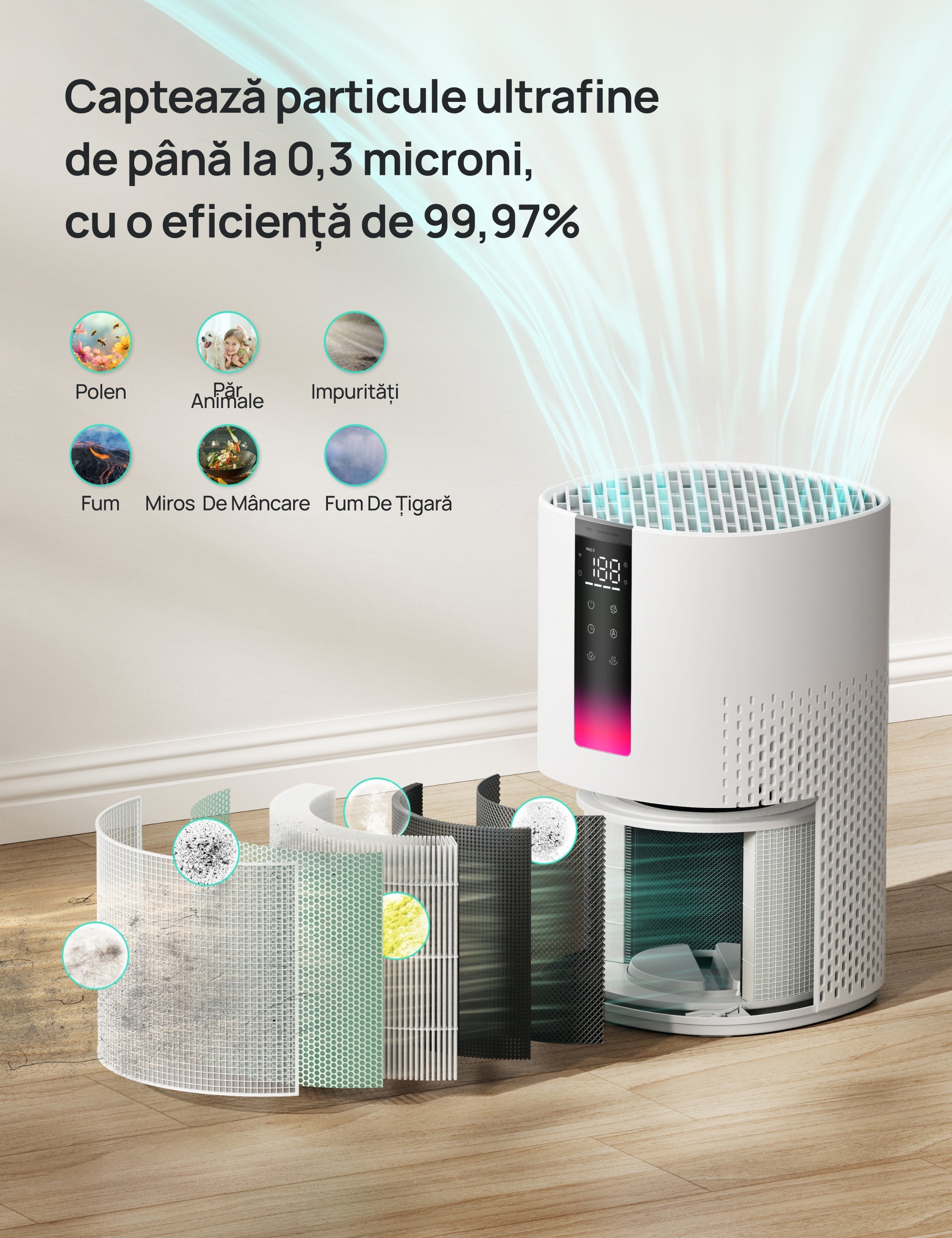 Purificator aer Dreo Macro 505S Smart, WI-FI, CADR 202 m³/h, Filtru 3 in 1 H13 True HEPA, Senzor calitate aer, Mod Auto, Mod de noapte, Lumină ambientală, 4 trepte de viteza, Timer, Până la 17 m2, Alb - OVIX - Găsești soluții de încălzire, răcire și ventilare, toate integrate și controlabile dintr-o singură platformă.