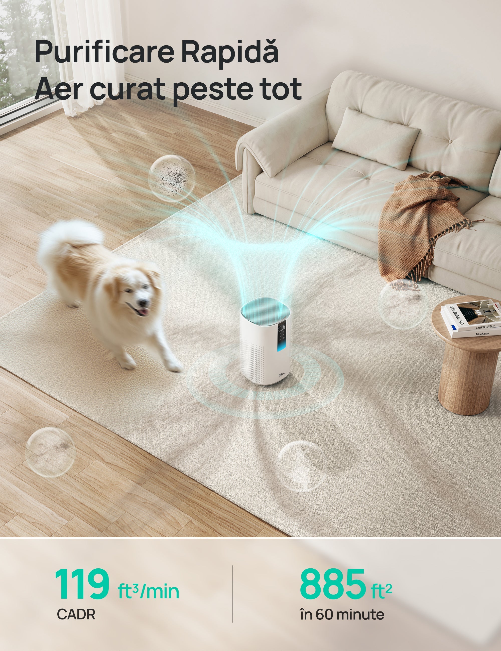 Purificator aer Dreo Macro 505S Smart, WI-FI, CADR 202 m³/h, Filtru 3 in 1 H13 True HEPA, Senzor calitate aer, Mod Auto, Mod de noapte, Lumină ambientală, 4 trepte de viteza, Timer, Până la 17 m2, Alb - OVIX - Găsești soluții de încălzire, răcire și ventilare, toate integrate și controlabile dintr-o singură platformă.