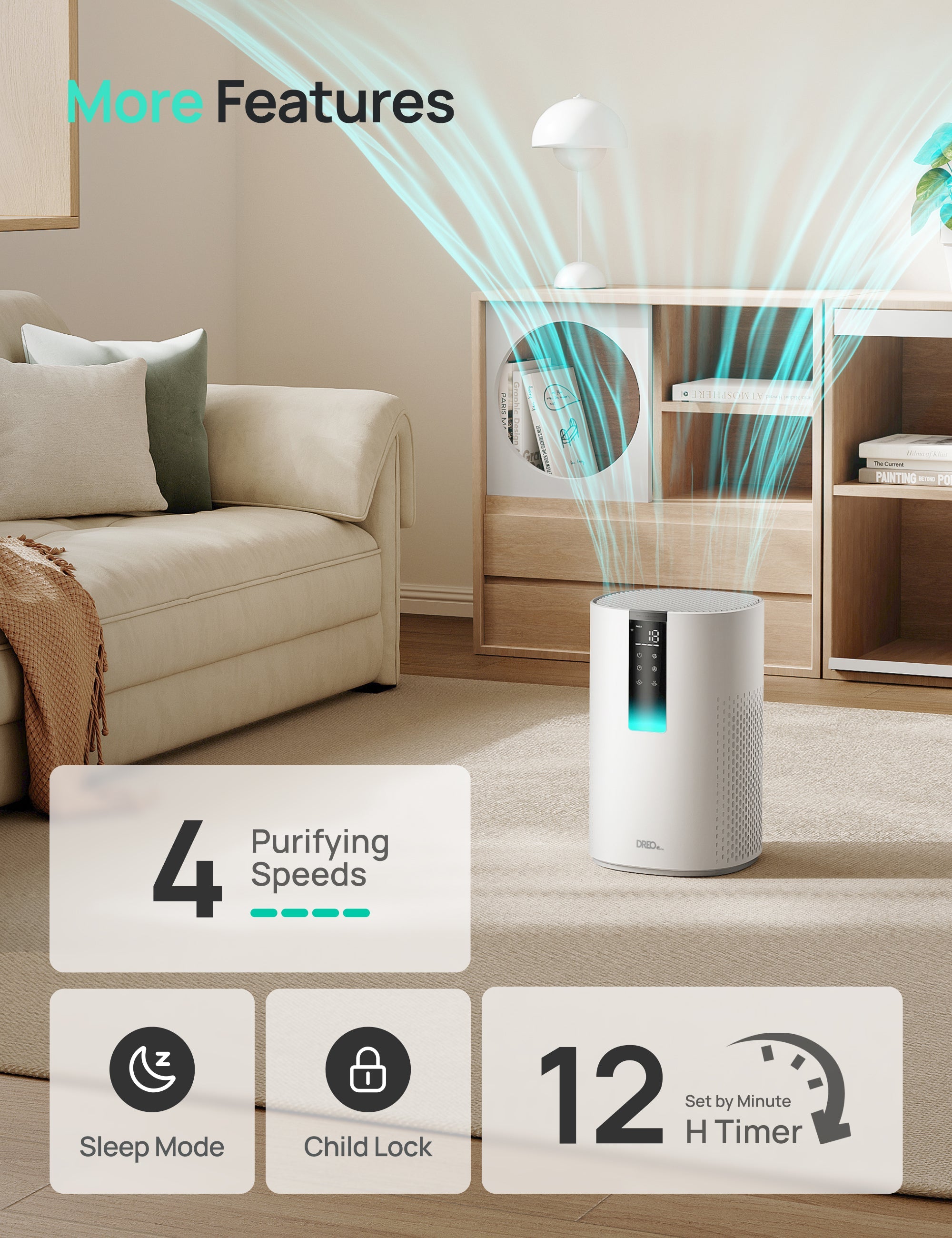 Purificator aer Dreo Macro 505S Smart, WI-FI, CADR 202 m³/h, Filtru 3 in 1 H13 True HEPA, Senzor calitate aer, Mod Auto, Mod de noapte, Lumină ambientală, 4 trepte de viteza, Timer, Până la 17 m2, Alb - OVIX - Găsești soluții de încălzire, răcire și ventilare, toate integrate și controlabile dintr-o singură platformă.