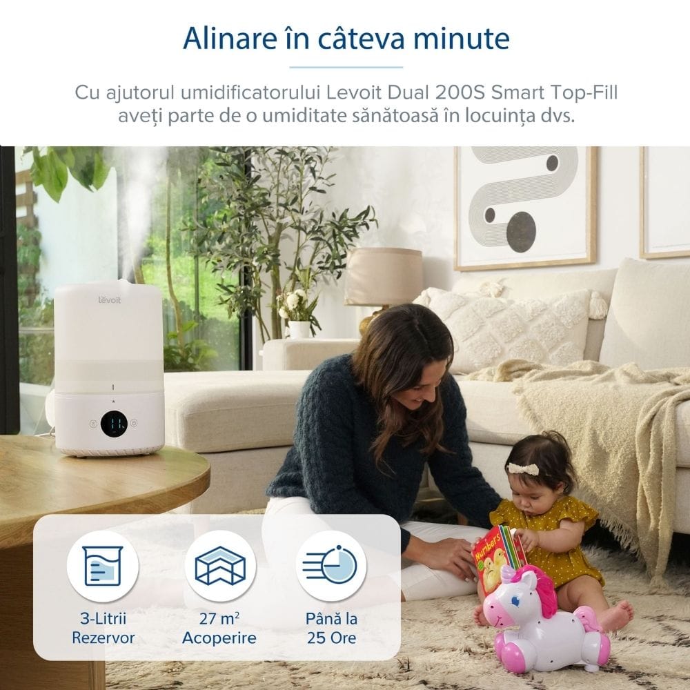 Umidificator de Aer LEVOIT Dual 200S, SMART, WI-FI Ultrasonic, Rezervor 3l, Silentios, Aromaterapie, Functie AUTO, Autonomie 25 Ore - OVIX - Găsești soluții de încălzire, răcire și ventilare, toate integrate și controlabile dintr-o singură platformă.