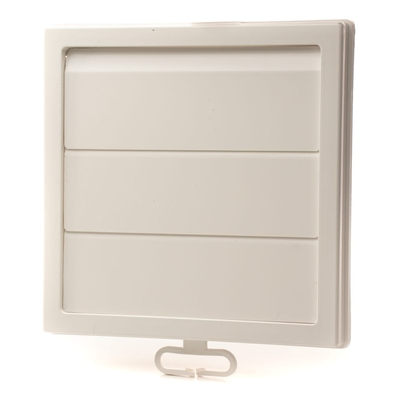 Grila ventilatie Ø125mm patrata cu jaluzele gravitationale, exterior 150x150, ASA plastic Alb - OVIX - Găsești soluții de încălzire, răcire și ventilare, toate integrate și controlabile dintr-o singură platformă.