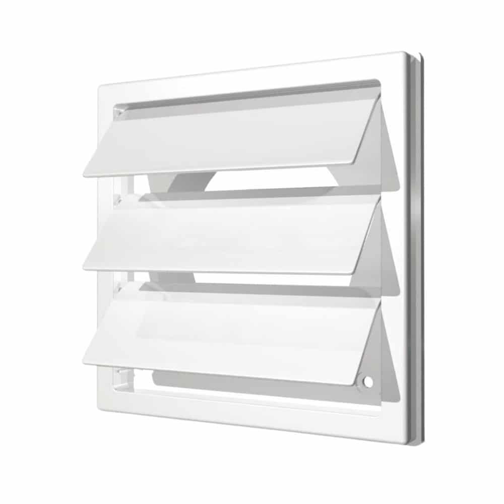 Grila ventilatie Ø100mm patrata cu lamele gravitationale, exterior 150x150, ASA plastic Alb - OVIX - Găsești soluții de încălzire, răcire și ventilare, toate integrate și controlabile dintr-o singură platformă.