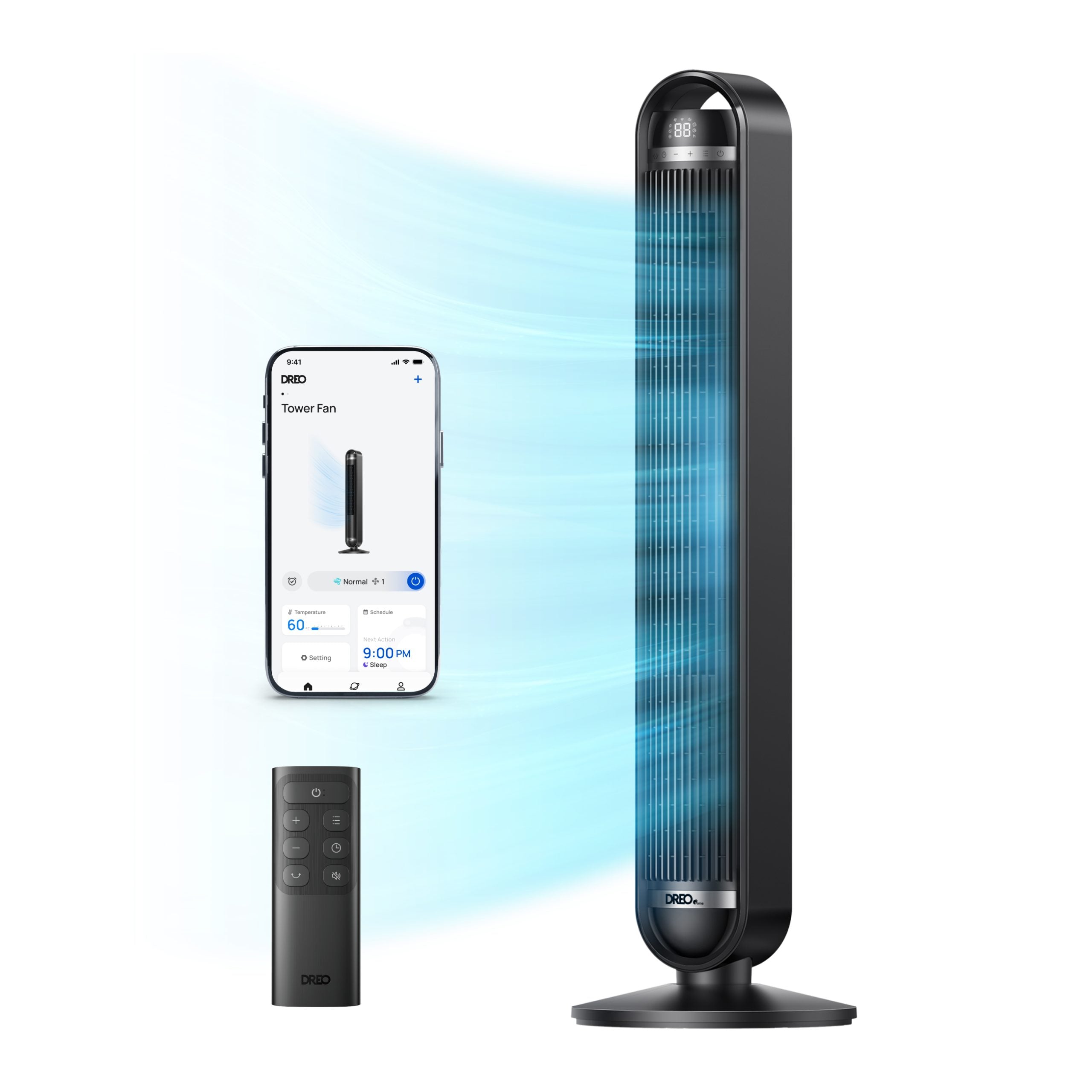 Ventilator Turn Smart DREO Cruiser DR-HTF011S, 9 viteze, 4 functii,106cm, HyperSilent 25dB ,oscilatie 90°, negru - OVIX - Găsești soluții de încălzire, răcire și ventilare, toate integrate și controlabile dintr-o singură platformă.