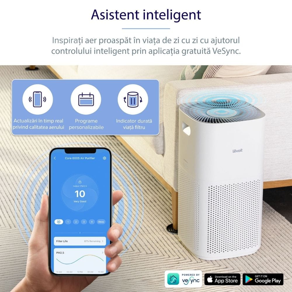 Purificator de aer Smart Levoit Core 600S Wi-Fi, Filtru 3 in 1 True HEPA, Senzor Calitate Aer, Mod Auto, Alexa, Google Home, Panou Comanda Touch Screen, Control Remote, Alb - OVIX - Găsești soluții de încălzire, răcire și ventilare, toate integrate și controlabile dintr-o singură platformă.