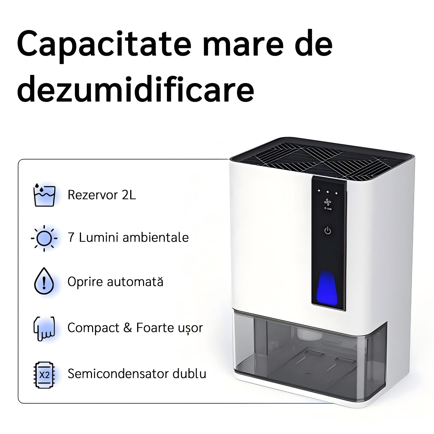 Dezumidificator Evoair HIDRY PLUS, 900ml/24h, Lumina ambientala in 7 culori, Rezervor 1.9l, 3 Viteze, Functie Auto Dezghetare, Alb - OVIX - Găsești soluții de încălzire, răcire și ventilare, toate integrate și controlabile dintr-o singură platformă.