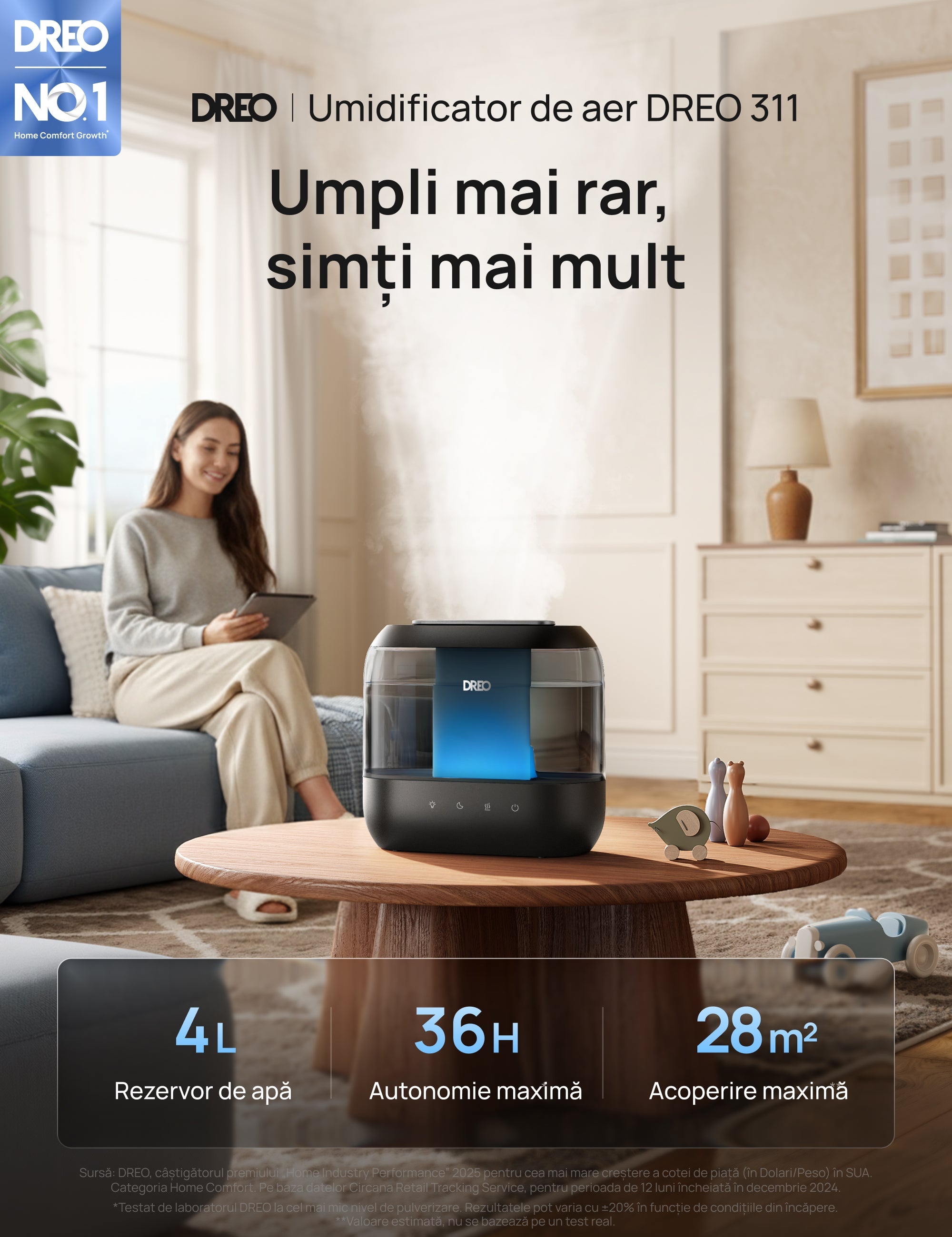 Umidificator Dreo 311S Smart, Wifi, Rezervor 4L,Capacitate de umidificare 250 ml/h, Ceata Rece, Autonomie 36 ore, Aromaterapie, Negru - OVIX - Găsești soluții de încălzire, răcire și ventilare, toate integrate și controlabile dintr-o singură platformă.