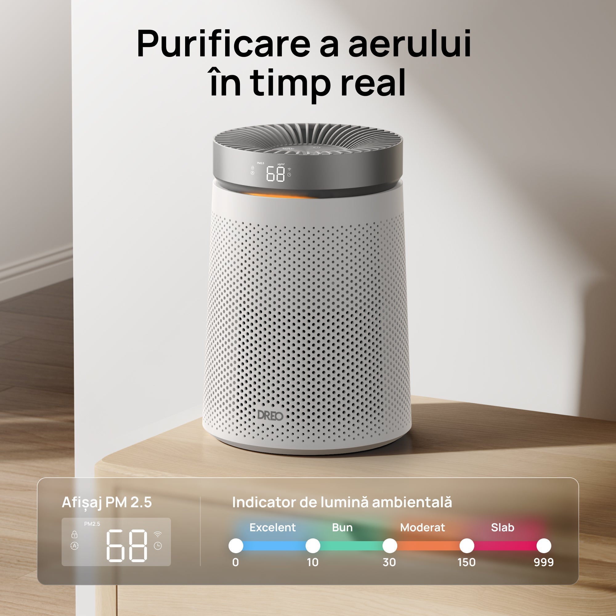 Purificator aer Dreo Macro AP606, 173 m³/h, Filtru 3 in 1 H13 True HEPA, Senzor calitate aer, Mod Auto, Lumină ambientală, 4 trepte de viteza, Timer, Până la 15 m2, Alb