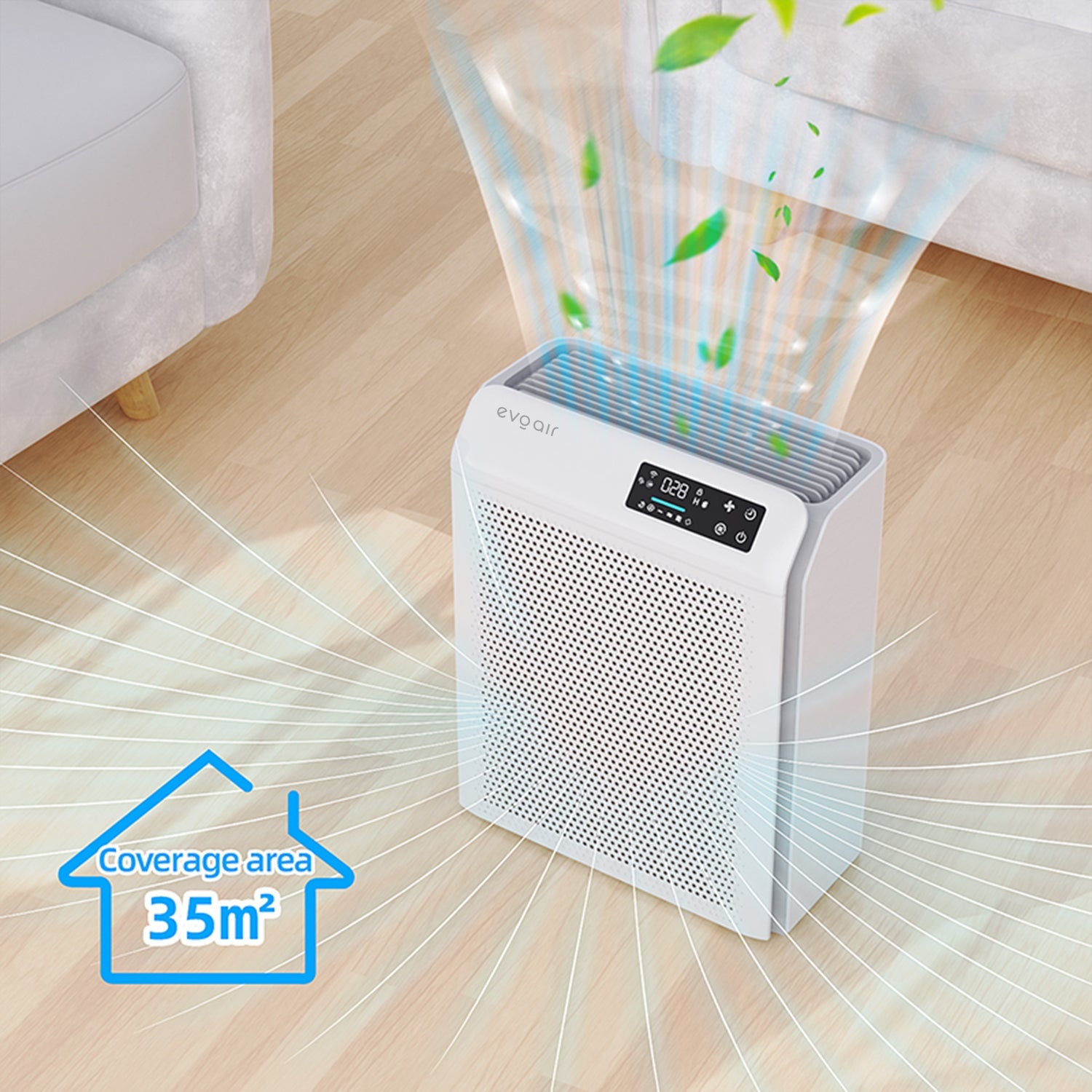 Purificator de aer Evoair HOMI P300, CADR 300m³/h, WI-FI, Filtru True Hepa, Mod Auto, Lampa UV, Ionizare, 6 Moduri Functionare, Senzor Calitate Aer, Alb - OVIX - Găsești soluții de încălzire, răcire și ventilare, toate integrate și controlabile dintr-o singură platformă.