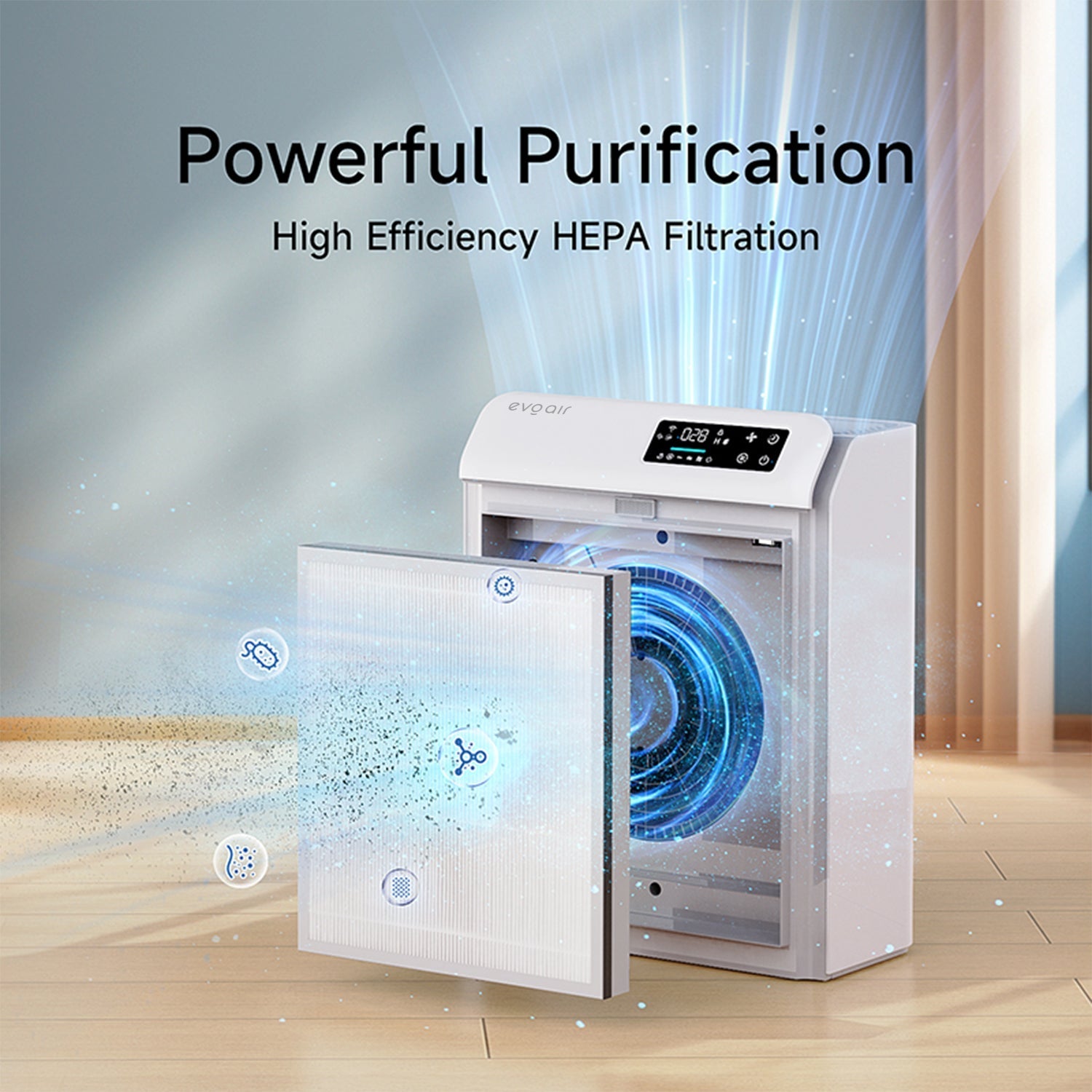 Purificator de aer Evoair HOMI P300, CADR 300m³/h, WI-FI, Filtru True Hepa, Mod Auto, Lampa UV, Ionizare, 6 Moduri Functionare, Senzor Calitate Aer, Alb - OVIX - Găsești soluții de încălzire, răcire și ventilare, toate integrate și controlabile dintr-o singură platformă.