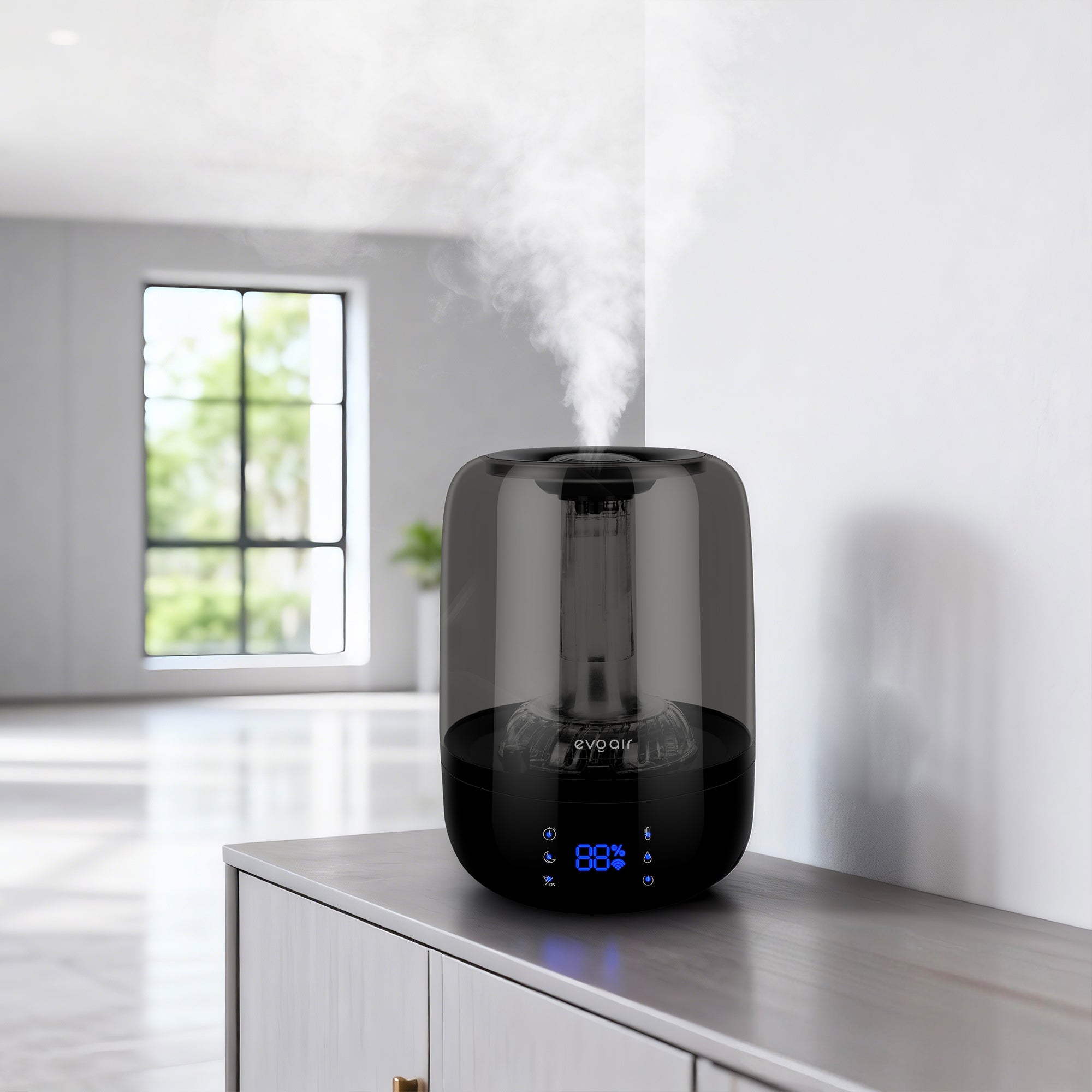 Umidificator Evoair LUNO BLUE, Smart, Wifi, Rezervor 2.5LCapacitate de umidificare 150 ml/h, Senzor umiditate, Autonomie 16 ore, Indicator umiditate și temperatură, Alb&Albastru - OVIX - Găsești soluții de încălzire, răcire și ventilare, toate integrate și controlabile dintr-o singură platformă.