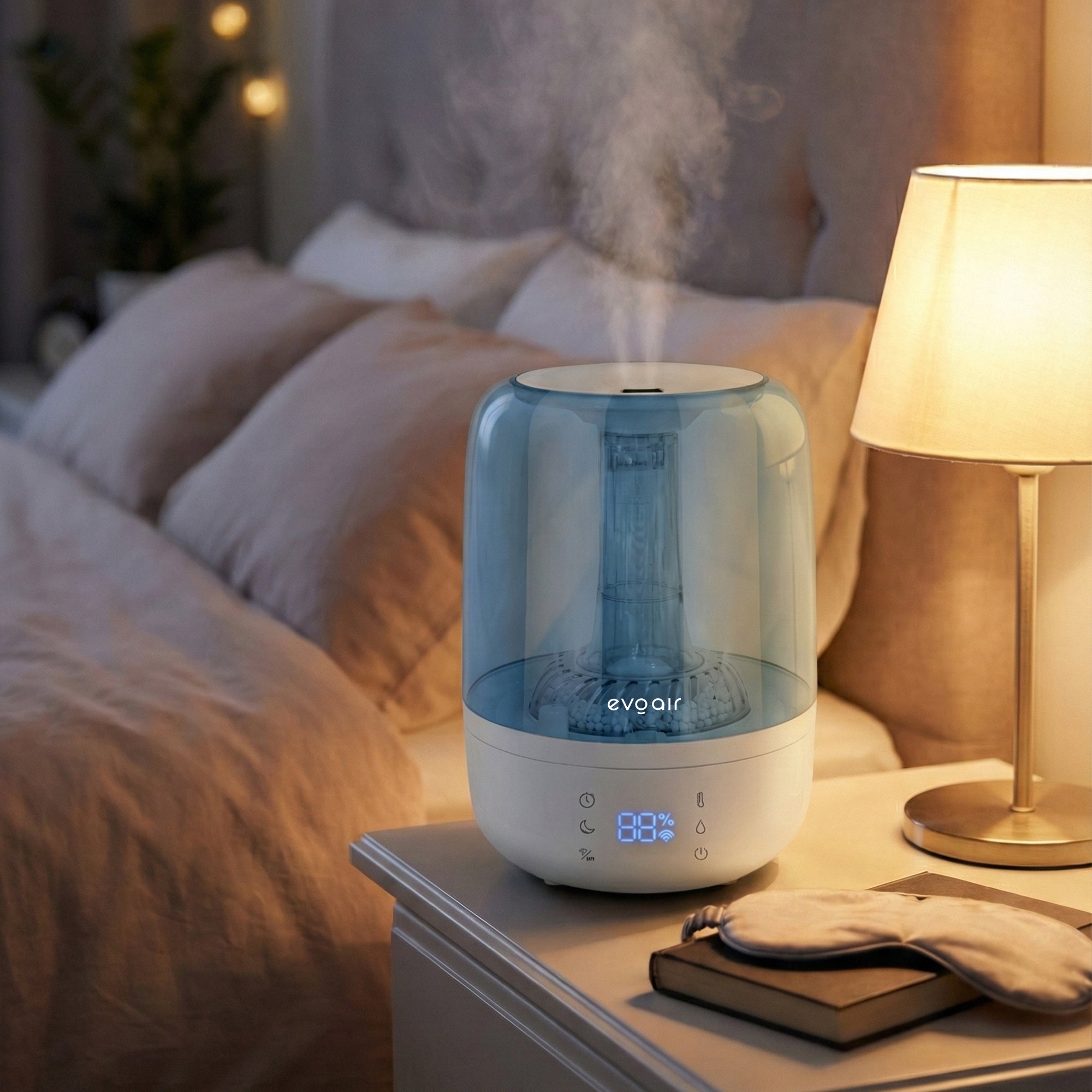 Umidificator Evoair LUNO BLUE, Smart, Wifi, Rezervor 2.5LCapacitate de umidificare 150 ml/h, Senzor umiditate, Autonomie 16 ore, Indicator umiditate și temperatură, Alb&Albastru - OVIX - Găsești soluții de încălzire, răcire și ventilare, toate integrate și controlabile dintr-o singură platformă.