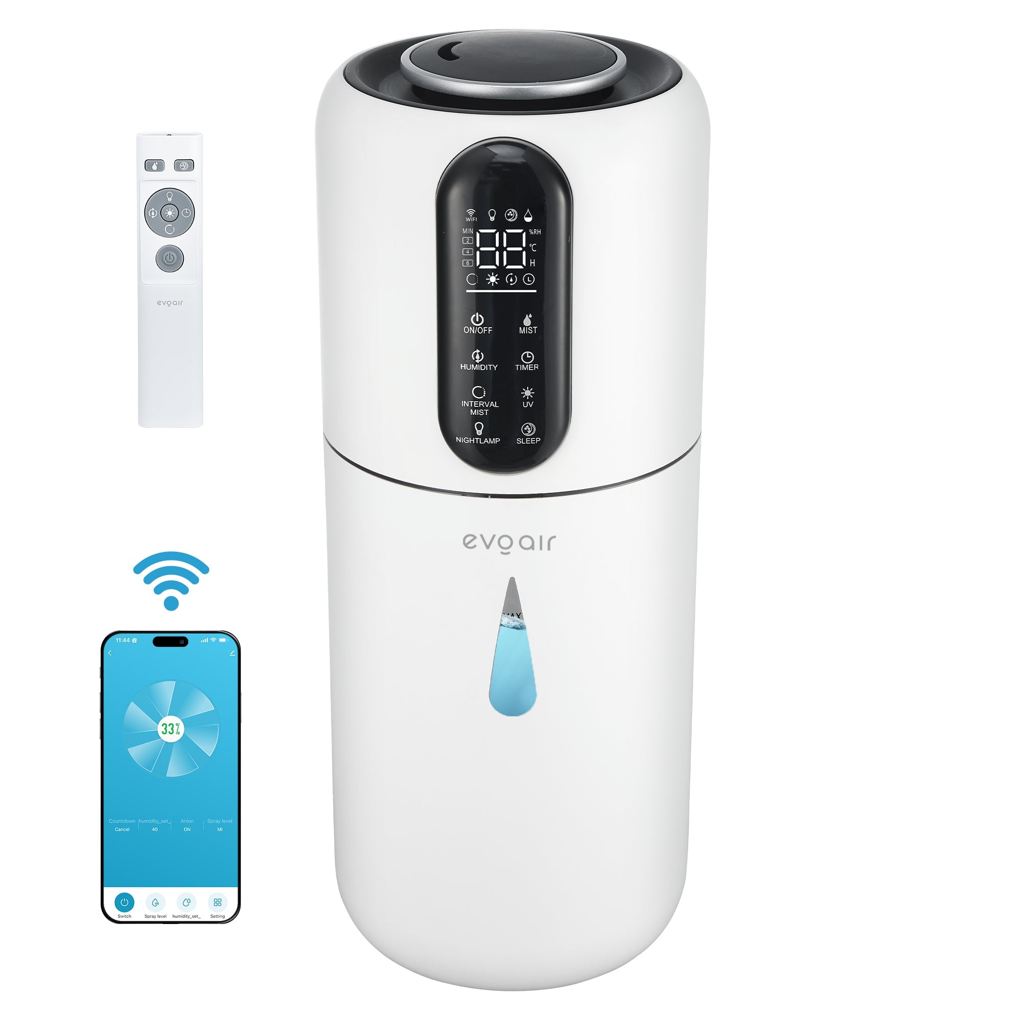 Umidificator Evoair STEAMIX3800 Smart, Wifi, Rezervor 3.8L, Capacitate de umidificare 300ml/h, Senzor umiditate, Mod Auto, Autonomie 13 ore, Lampă UVA, Aromaterapie, Indicator umiditate și temperatură, Telecomandă, Alb - OVIX - Găsești soluții de încălzire, răcire și ventilare, toate integrate și controlabile dintr-o singură platformă.