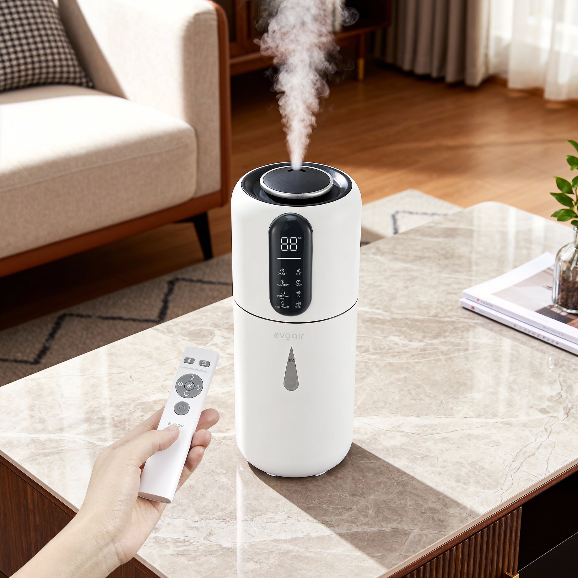 Umidificator Evoair STEAMIX3800 Smart, Wifi, Rezervor 3.8L, Capacitate de umidificare 300ml/h, Senzor umiditate, Mod Auto, Autonomie 13 ore, Lampă UVA, Aromaterapie, Indicator umiditate și temperatură, Telecomandă, Alb - OVIX - Găsești soluții de încălzire, răcire și ventilare, toate integrate și controlabile dintr-o singură platformă.