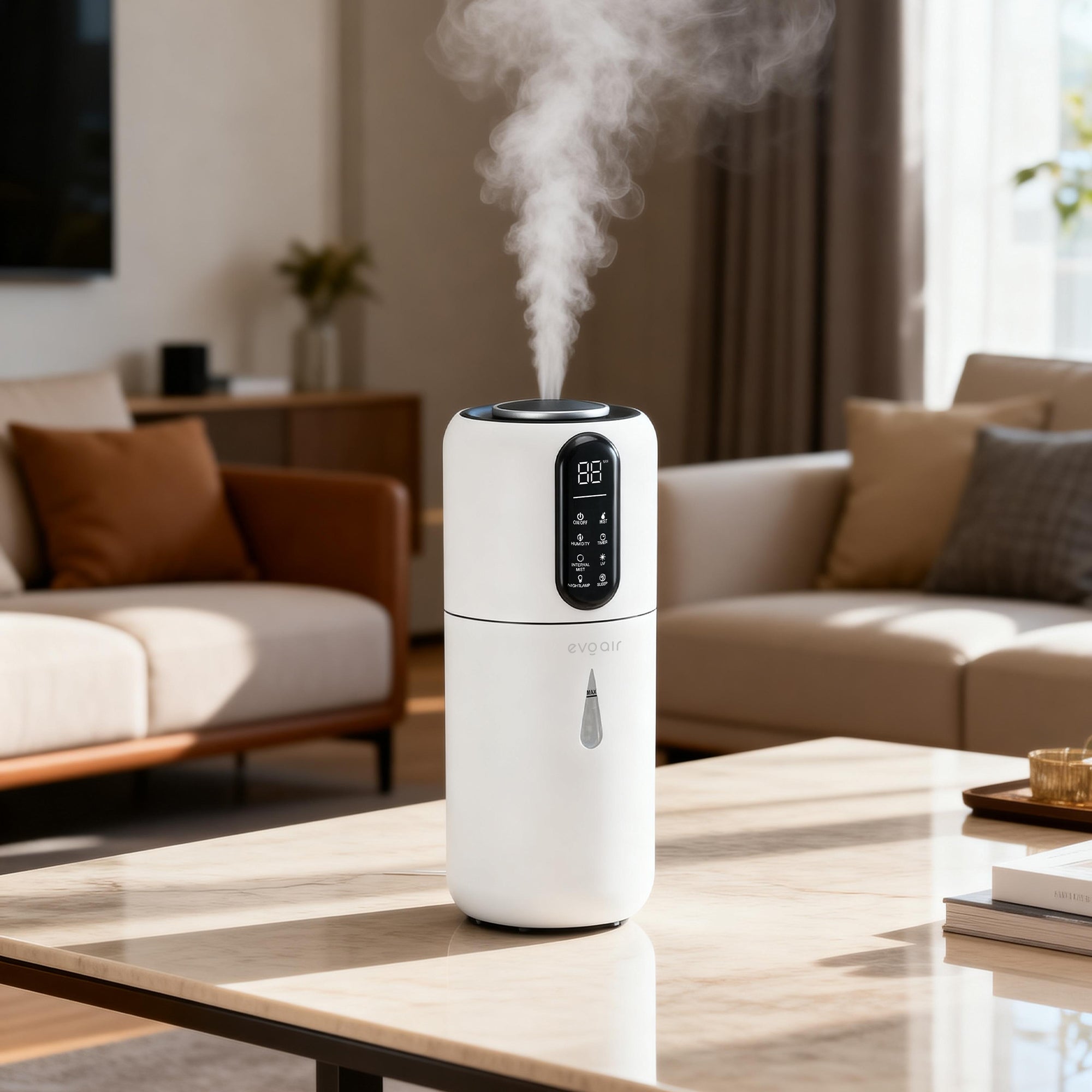 Umidificator Evoair STEAMIX3800 Smart, Wifi, Rezervor 3.8L, Capacitate de umidificare 300ml/h, Senzor umiditate, Mod Auto, Autonomie 13 ore, Lampă UVA, Aromaterapie, Indicator umiditate și temperatură, Telecomandă, Alb - OVIX - Găsești soluții de încălzire, răcire și ventilare, toate integrate și controlabile dintr-o singură platformă.