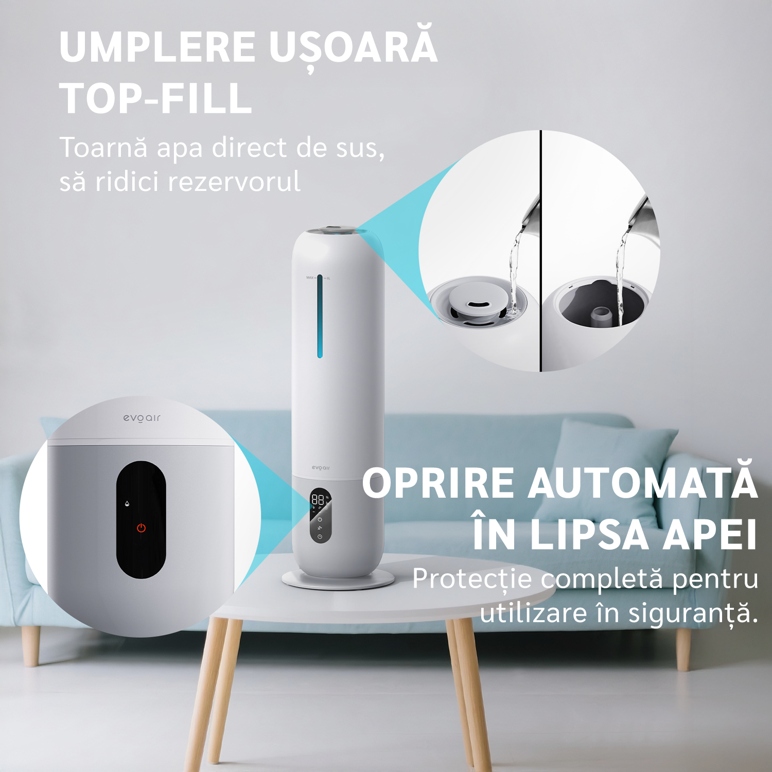 Umidificator aer Evoair Umio, Lampa UV, 3 trepte umidificare, Indicator Umiditate, Duză de Ceață, Aromaterapie, Telecomandă, Alb - OVIX - Găsești soluții de încălzire, răcire și ventilare, toate integrate și controlabile dintr-o singură platformă.