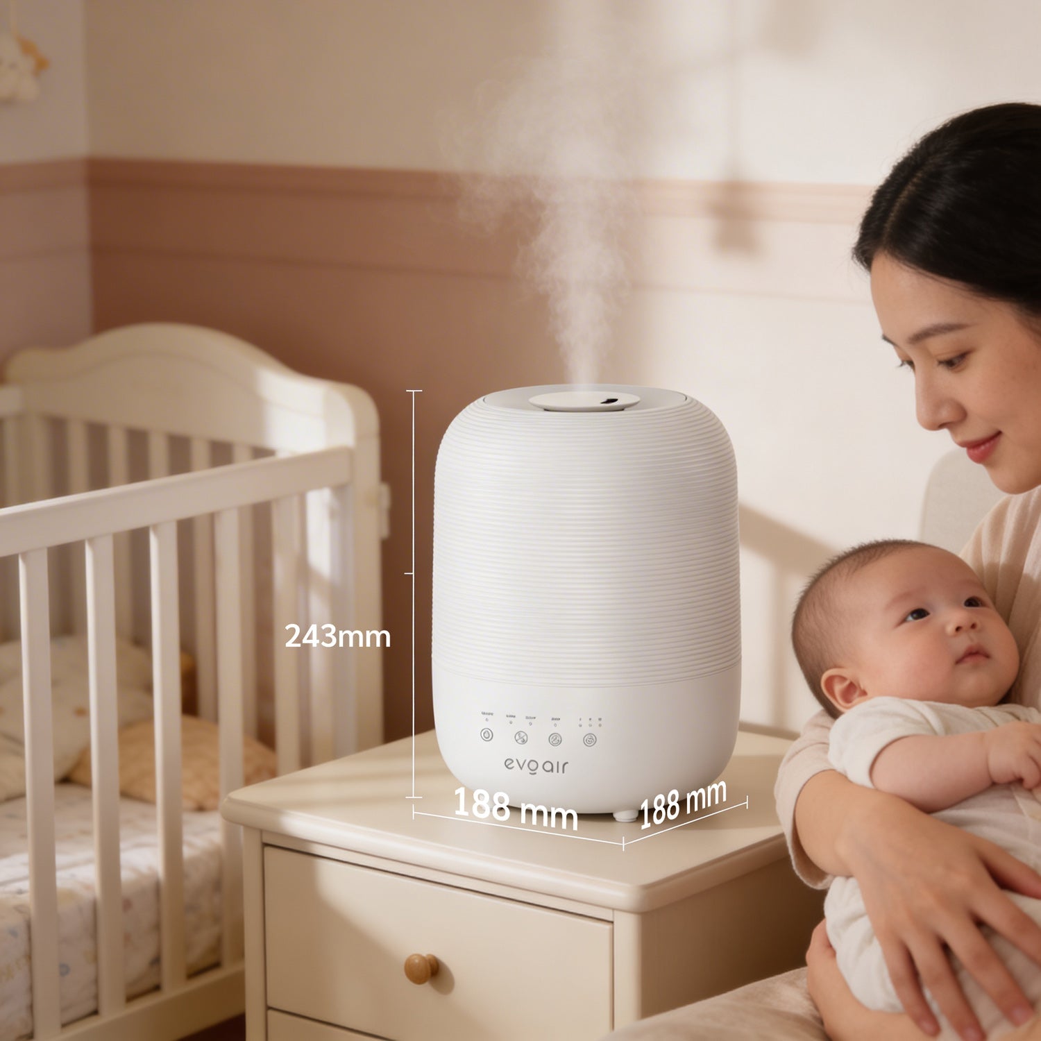 Umidificator Evoair UMIVA 3000 Rezorvor 3L, Capacitate de umidificare 300ml/h, Senzor umiditate, Mod Auto, Autonomie >8 ore, Indicator umiditate și temperatură, Alb - OVIX - Găsești soluții de încălzire, răcire și ventilare, toate integrate și controlabile dintr-o singură platformă.