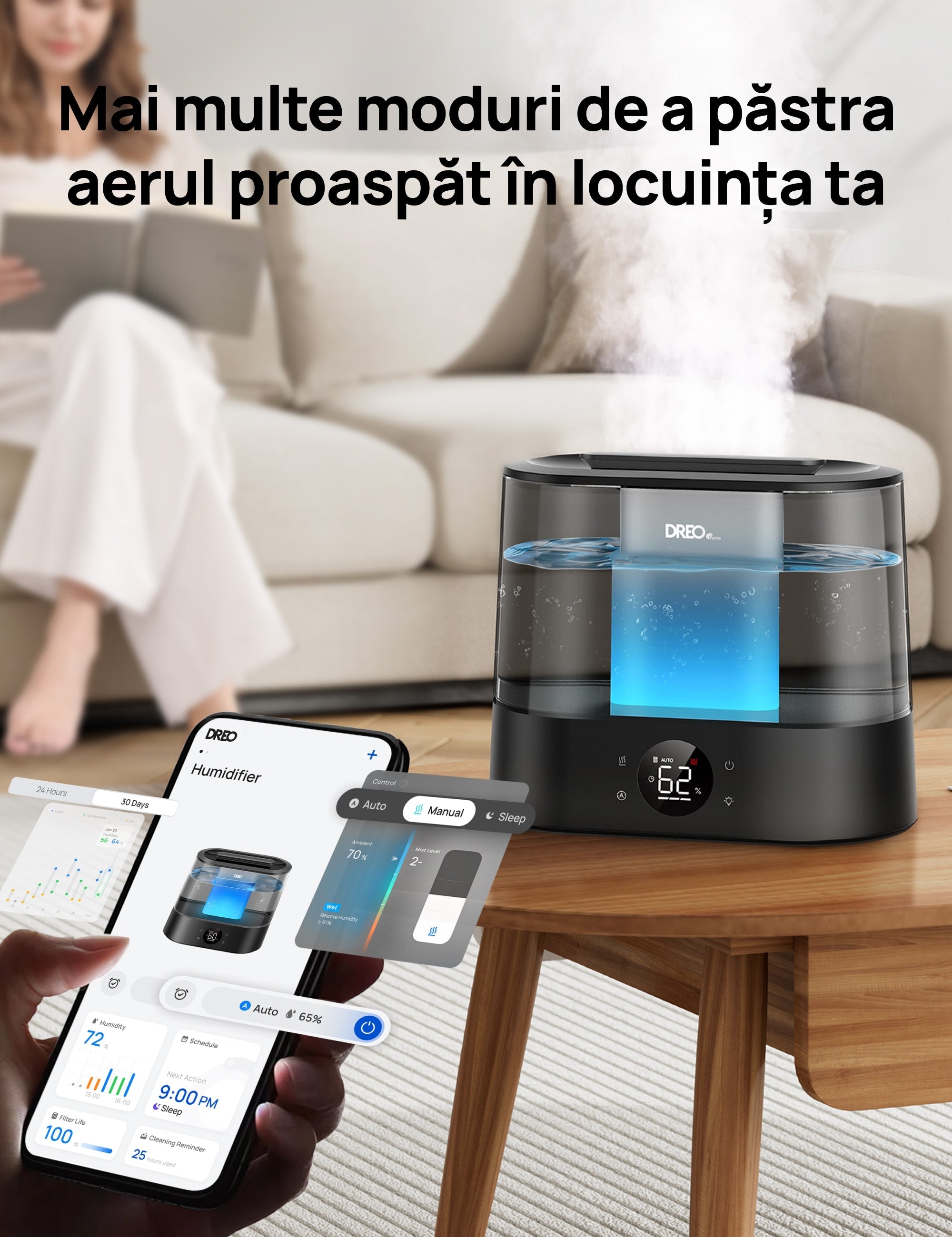 Umidificator aer Dreo 420S Smart, Rezervor 4l, 250ml/h, 3 trepte umidificare, Senzor de Umiditate, Indicator Umiditate,Mod Auto, Aromaterapie, Negru - OVIX - Găsești soluții de încălzire, răcire și ventilare, toate integrate și controlabile dintr-o singură platformă.