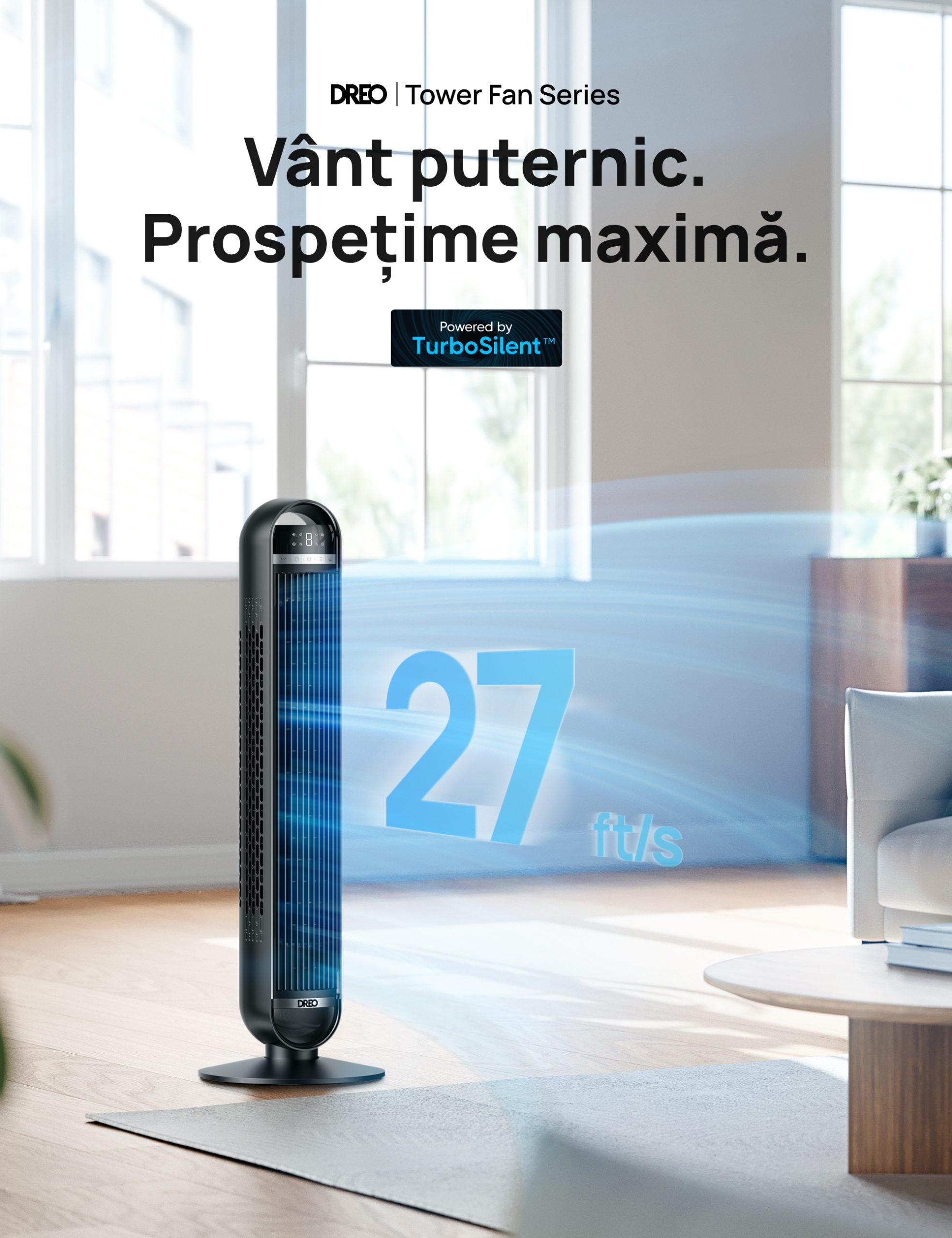 Ventilator Turn DREO Nomad DR-HTF014, 8 viteze, 4 functii, 92cm, oscilatie 90°, HyperSilent 25dB, telecomanda, negru - OVIX - Găsești soluții de încălzire, răcire și ventilare, toate integrate și controlabile dintr-o singură platformă.