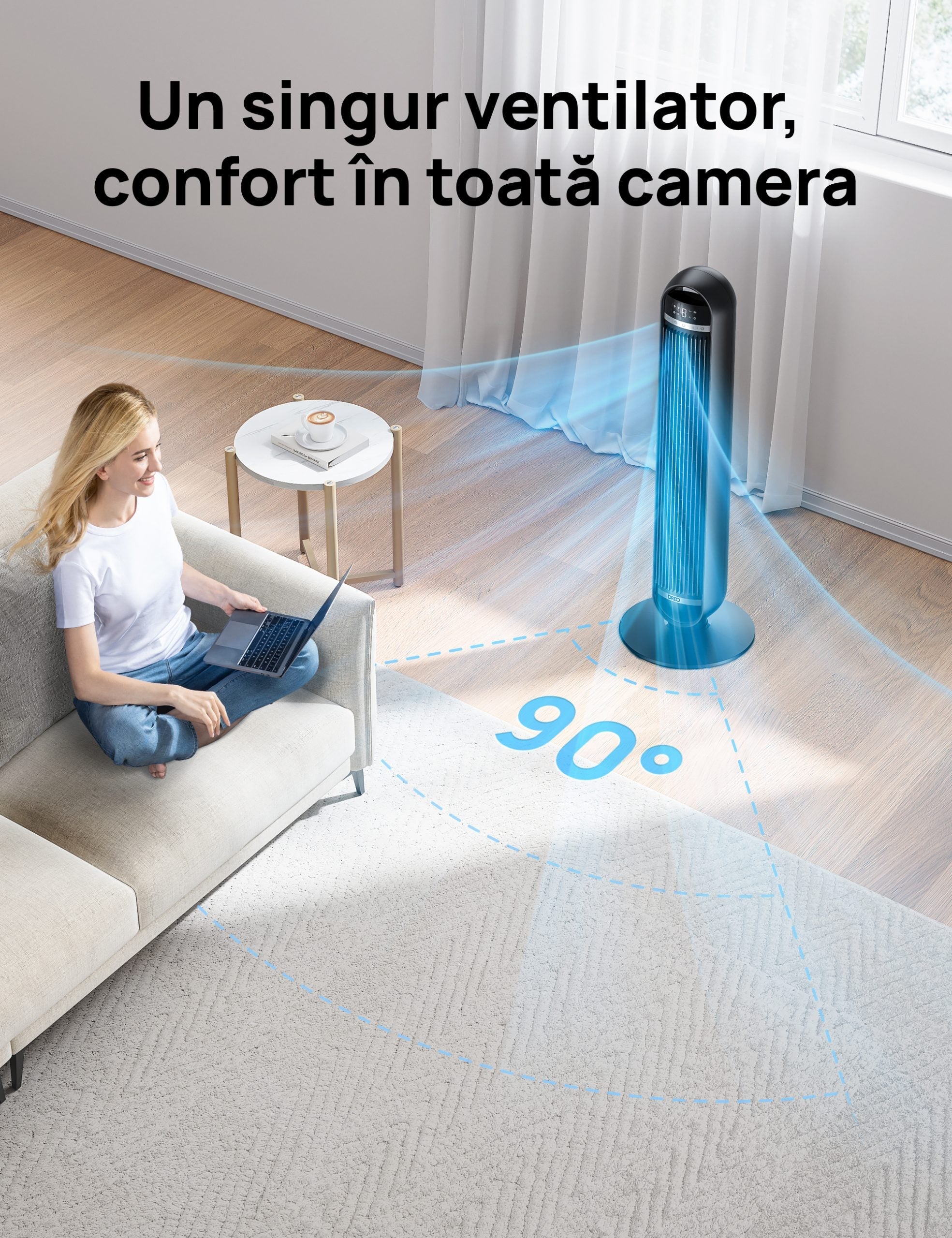 Ventilator Turn DREO Nomad DR-HTF014, 8 viteze, 4 functii, 92cm, oscilatie 90°, HyperSilent 25dB, telecomanda, negru - OVIX - Găsești soluții de încălzire, răcire și ventilare, toate integrate și controlabile dintr-o singură platformă.