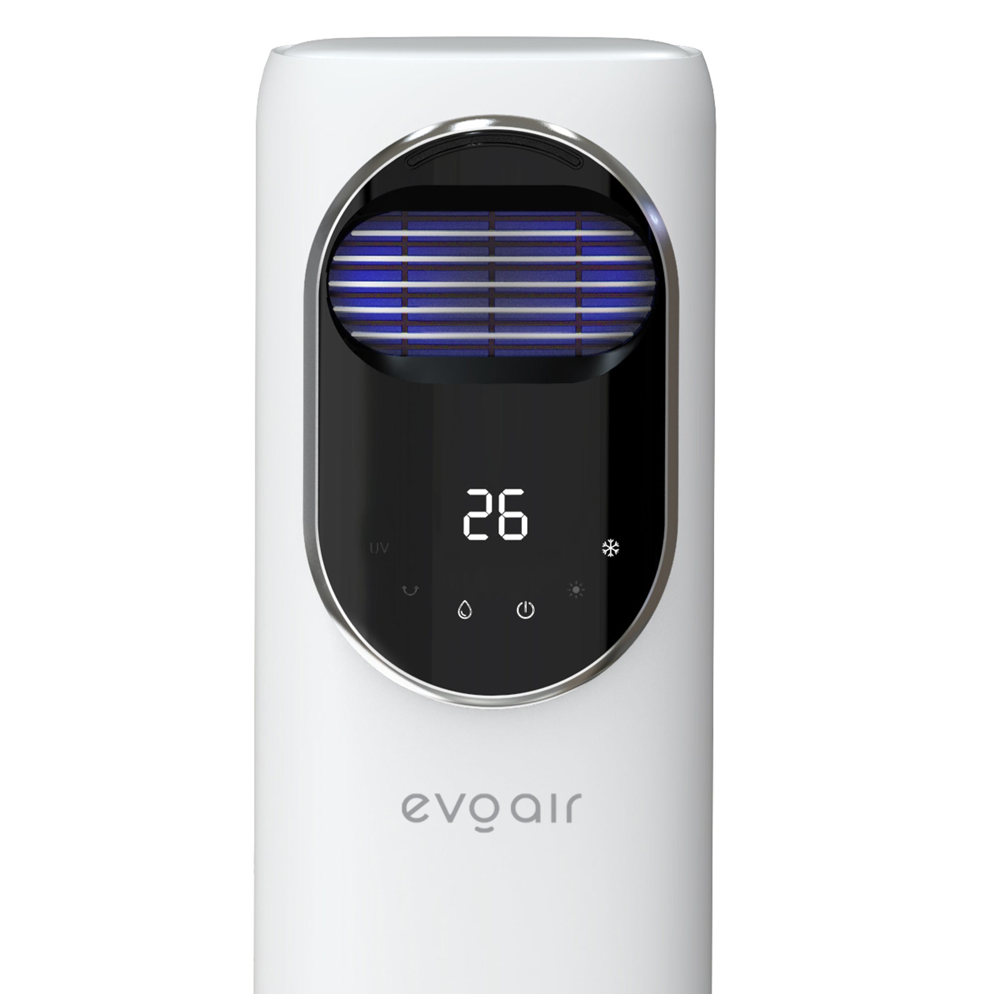 Ventilator turn 4 in 1 Evoair BRIIS SILVER BLACK, Functie Incalzire/Racire/Umidificare/Sterilizare UV, Telecomanda, 5 viteze, Pastile Racire 2+2 Cadou, Rezervor 3.15l, Display Negru, Contur Argintiu - OVIX - Găsești soluții de încălzire, răcire și ventilare, toate integrate și controlabile dintr-o singură platformă.