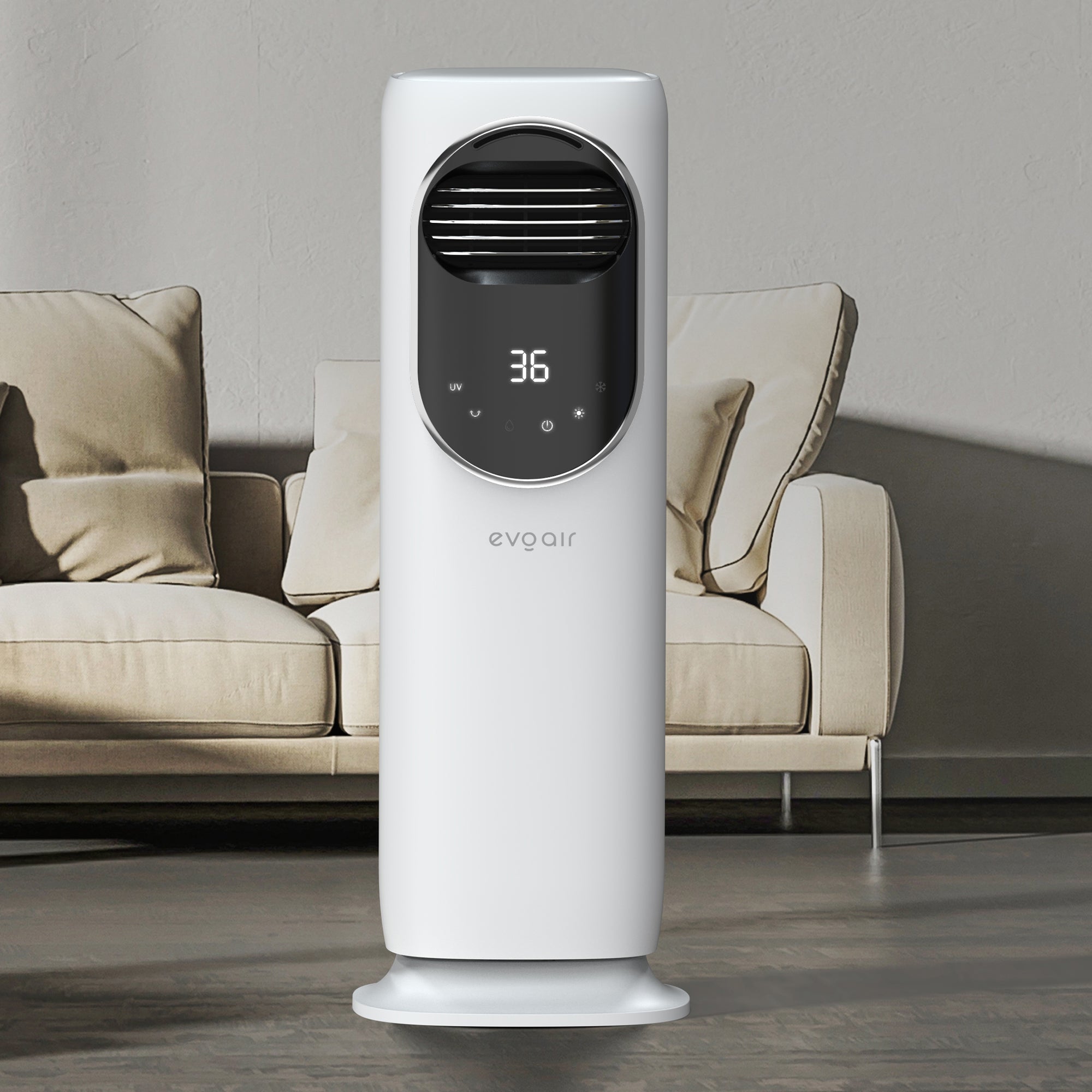 Ventilator turn 4 in 1 Evoair BRIIS SILVER BLACK, Functie Incalzire/Racire/Umidificare/Sterilizare UV, Telecomanda, 5 viteze, Pastile Racire 2+2 Cadou, Rezervor 3.15l, Display Negru, Contur Argintiu - OVIX - Găsești soluții de încălzire, răcire și ventilare, toate integrate și controlabile dintr-o singură platformă.