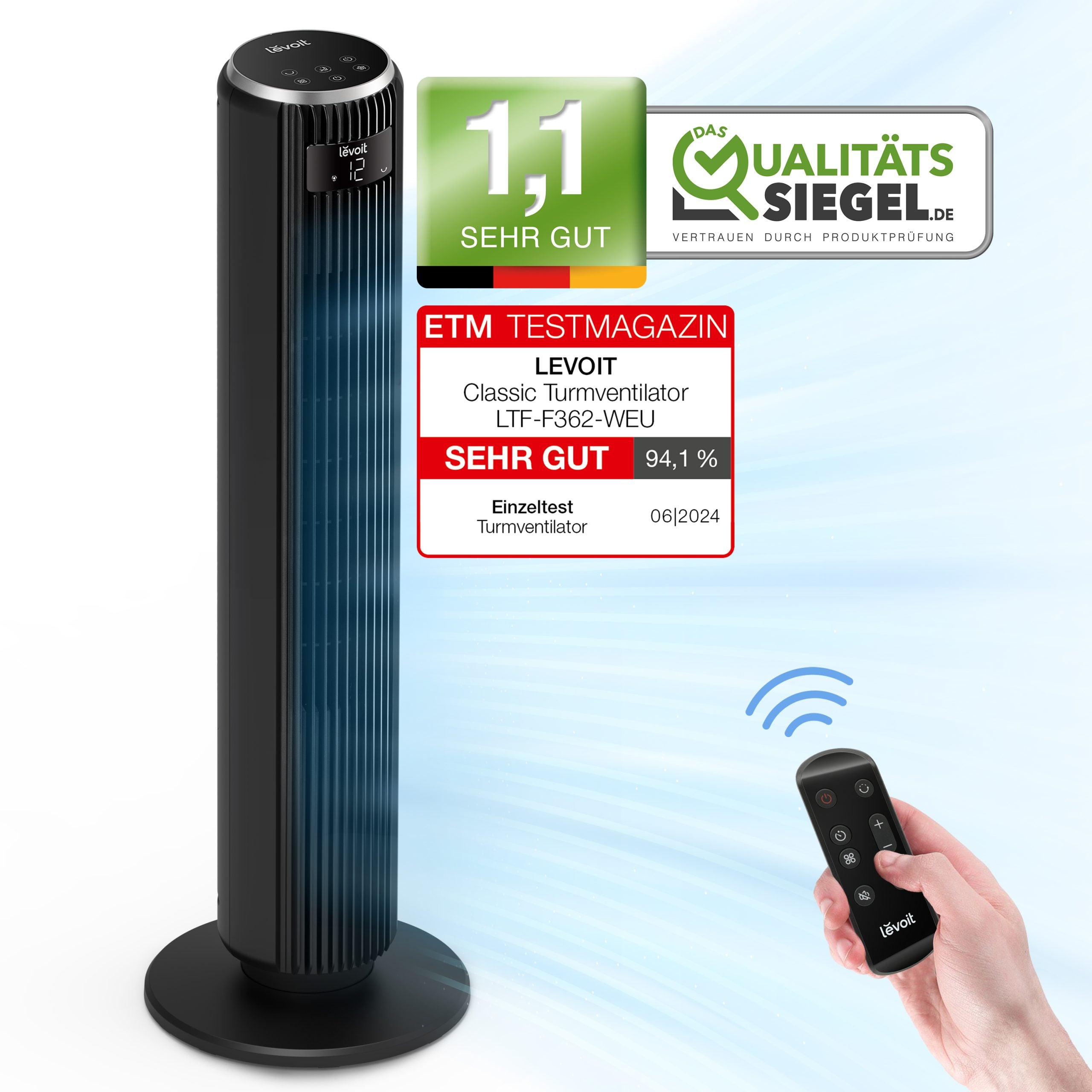 Ventilator turn Levoit, 92cm, 5 viteze, 4 moduri de funcționare, foarte silențios, telecomandă, negru