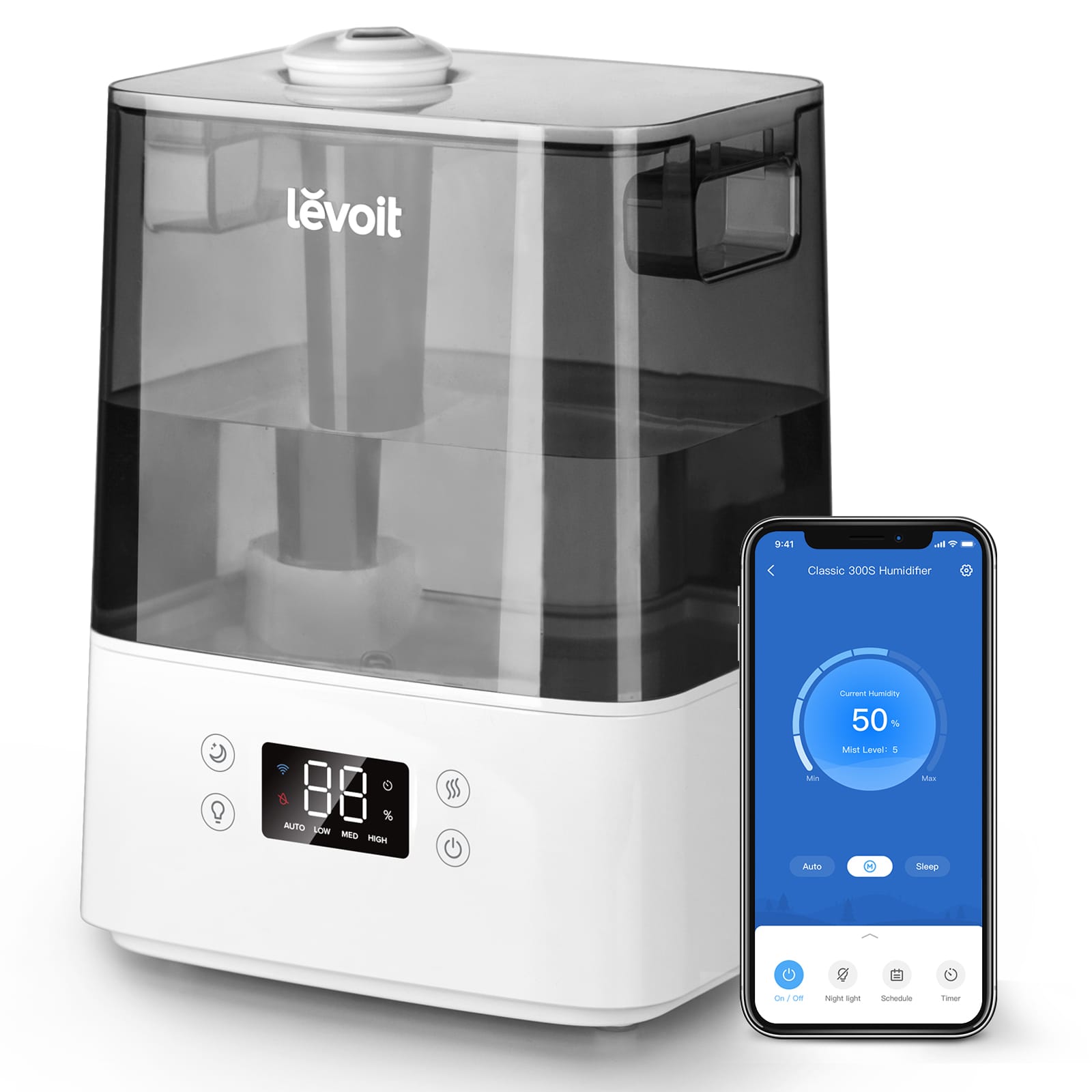 Umidificator de aer LEVOIT Classic 300S, Rezervor 6L, Super Silentios, Aplicatie Smart, Senzor Umiditate, Functie AUTO, Aromaterapie, Autonomie 60 ore, Gray