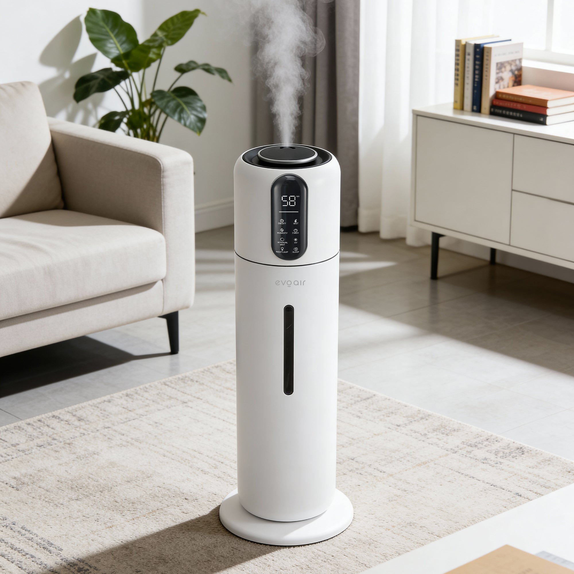 Umidificator Evoair STEAMIX8500 Smart, Wifi, Rezervor 8.5L, Capacitate de umidificare 300ml/h, Senzor umiditate, Mod Auto, Autonomie 28 ore, Lampă UVA, Aromaterapie, Indicator umiditate și temperatură, Telecomandă, Alb - OVIX - Găsești soluții de încălzire, răcire și ventilare, toate integrate și controlabile dintr-o singură platformă.