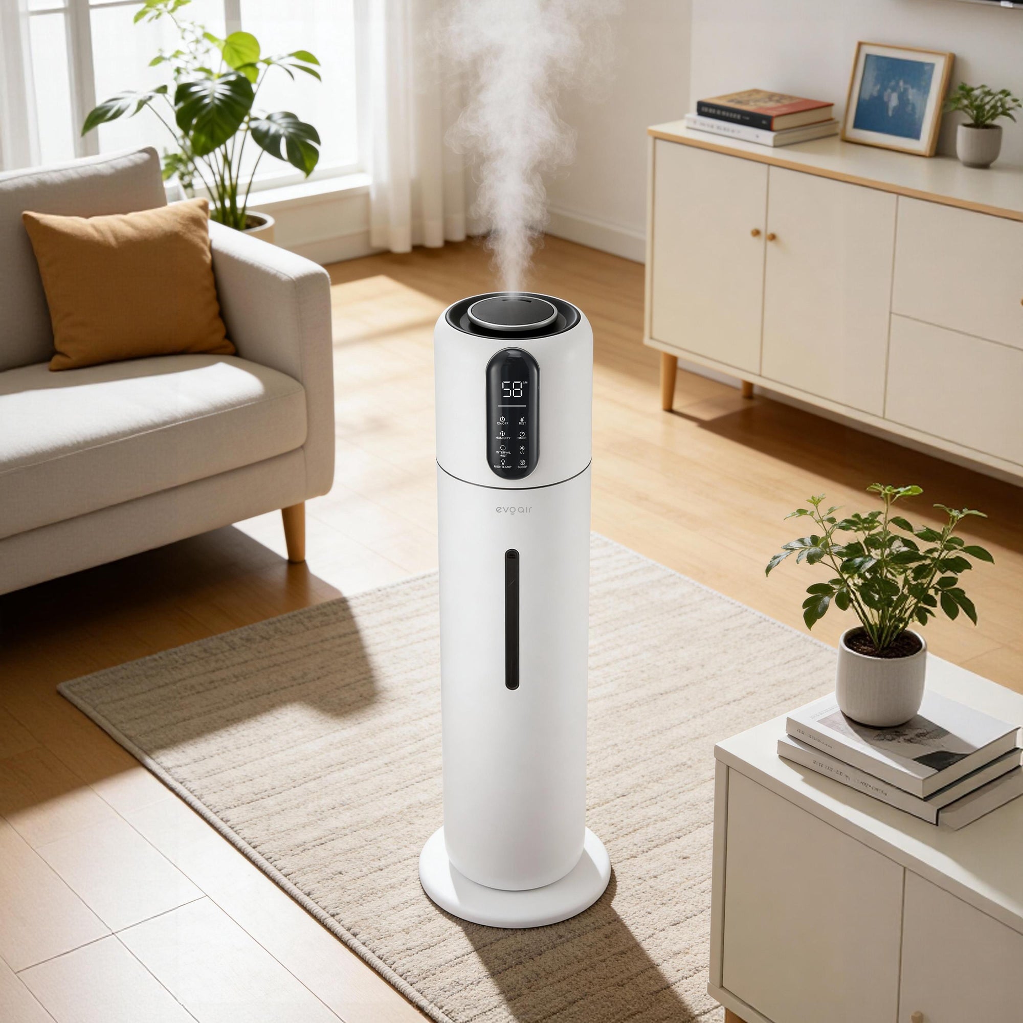 Umidificator Evoair STEAMIX8500 Smart, Wifi, Rezervor 8.5L, Capacitate de umidificare 300ml/h, Senzor umiditate, Mod Auto, Autonomie 28 ore, Lampă UVA, Aromaterapie, Indicator umiditate și temperatură, Telecomandă, Alb - OVIX - Găsești soluții de încălzire, răcire și ventilare, toate integrate și controlabile dintr-o singură platformă.