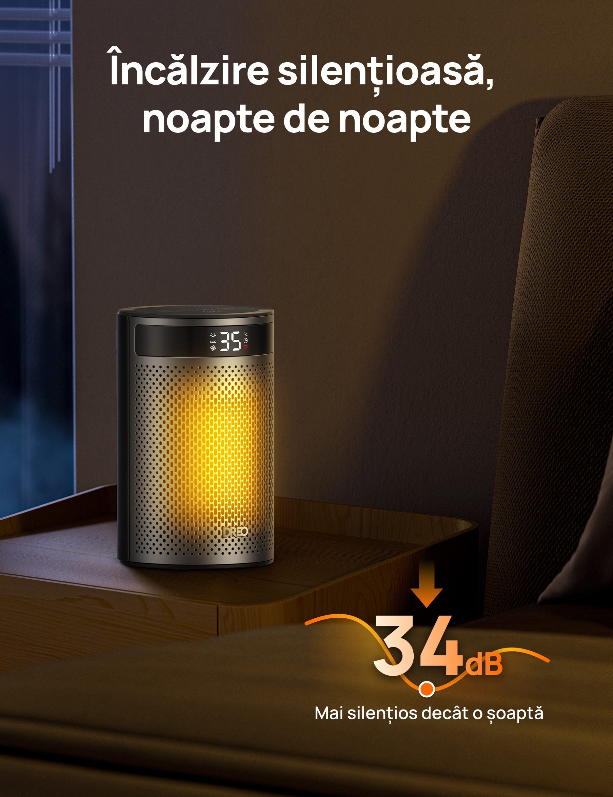 Aeroterma Dreo Atom 416, 1500W, Heater Ceramica, Termostat, Timer 12h, Display LED, Eco Mode, Silentios, Mod Eco, Telecomanda, Negru&Argintiu