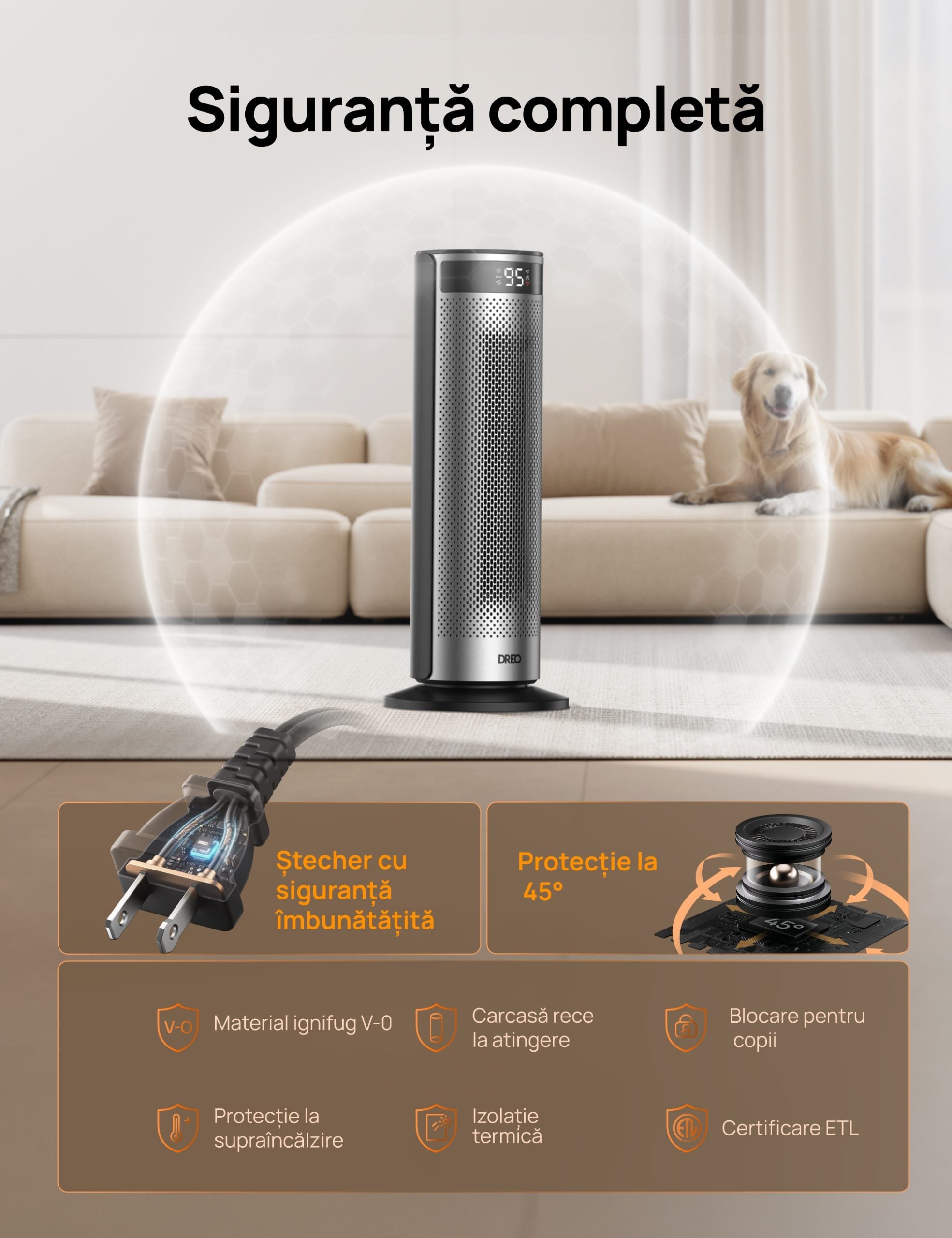 Aeroterma Dreo Solaris SH628, 2000W, Heater Ceramica, Termostat, Eco Mode, Funcție Ventilator, Oscilatie 70°, Timer 12h, Silentios, Display LED, Telecomanda, Negru&Argintiu