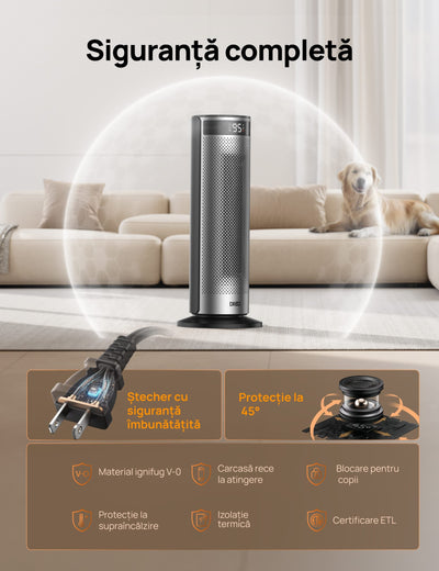 Aeroterma Dreo Solaris SH628, 2000W, Heater Ceramica, Termostat, Eco Mode, Funcție Ventilator, Oscilatie 70°, Timer 12h, Silentios, Display LED, Telecomanda, Negru&Argintiu - OVIX - Găsești soluții de încălzire, răcire și ventilare, toate integrate și controlabile dintr-o singură platformă.