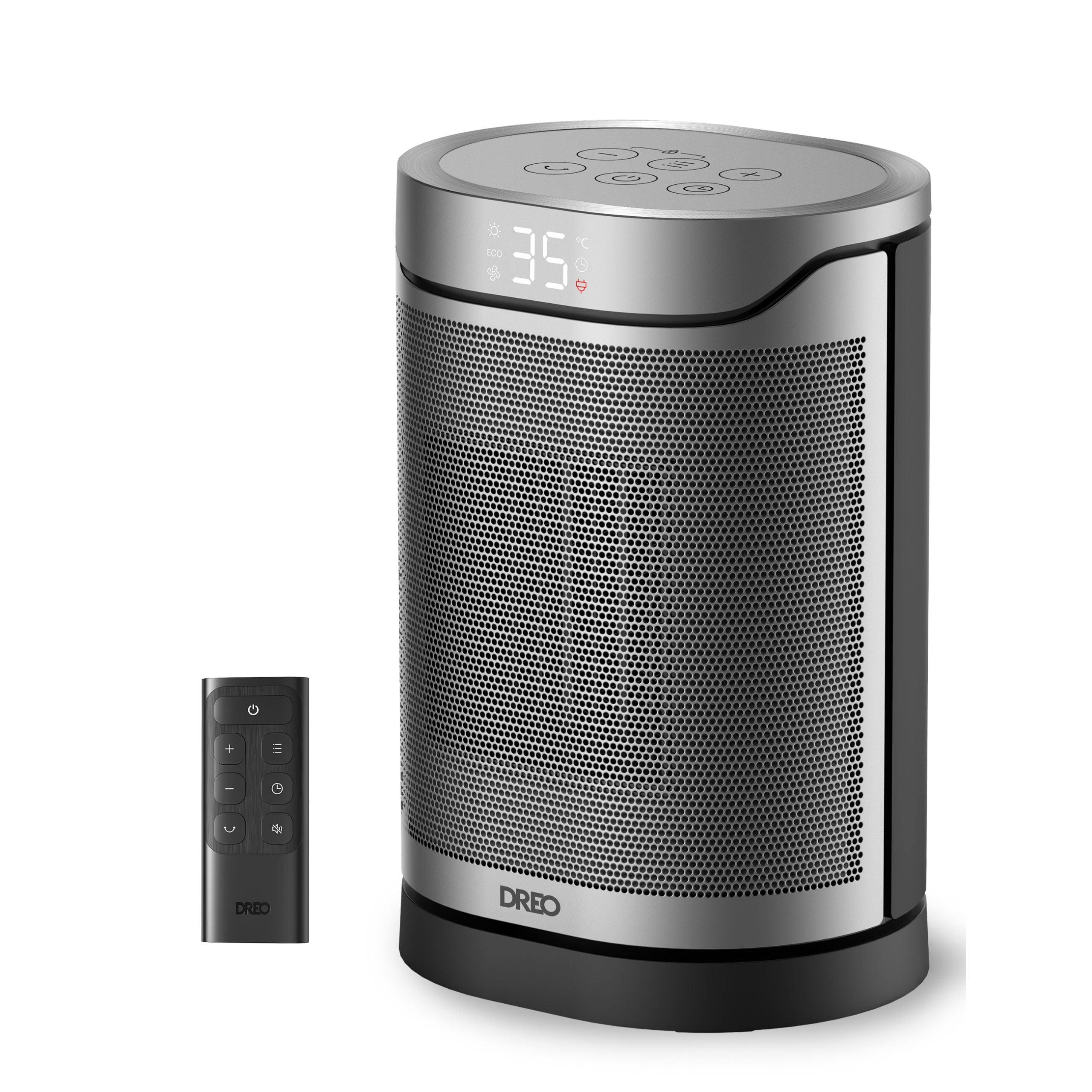 Aeroterma Dreo Atom 318, 1500W, Heater Ceramica, Termostat, Eco Mode, Funcție Ventilator, Oscilatie 70°, Timer 12h, Silentios, Display LED, Telecomanda, Negru&Argintiu