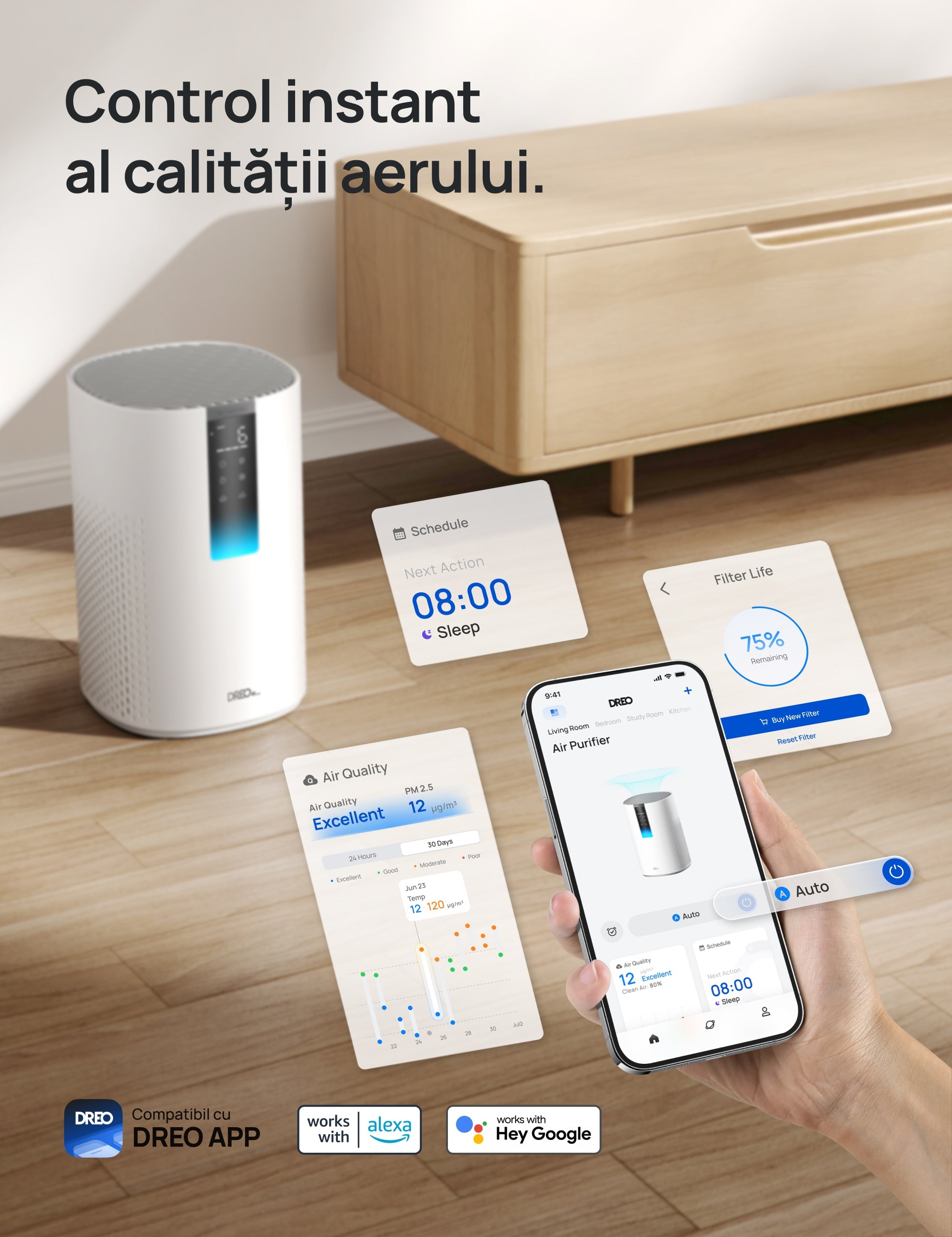 Purificator aer Dreo Macro 505S Smart, WI-FI, CADR 202 m³/h, Filtru 3 in 1 H13 True HEPA, Senzor calitate aer, Mod Auto, Mod de noapte, Lumină ambientală, 4 trepte de viteza, Timer, Până la 17 m2, Alb - OVIX - Găsești soluții de încălzire, răcire și ventilare, toate integrate și controlabile dintr-o singură platformă.