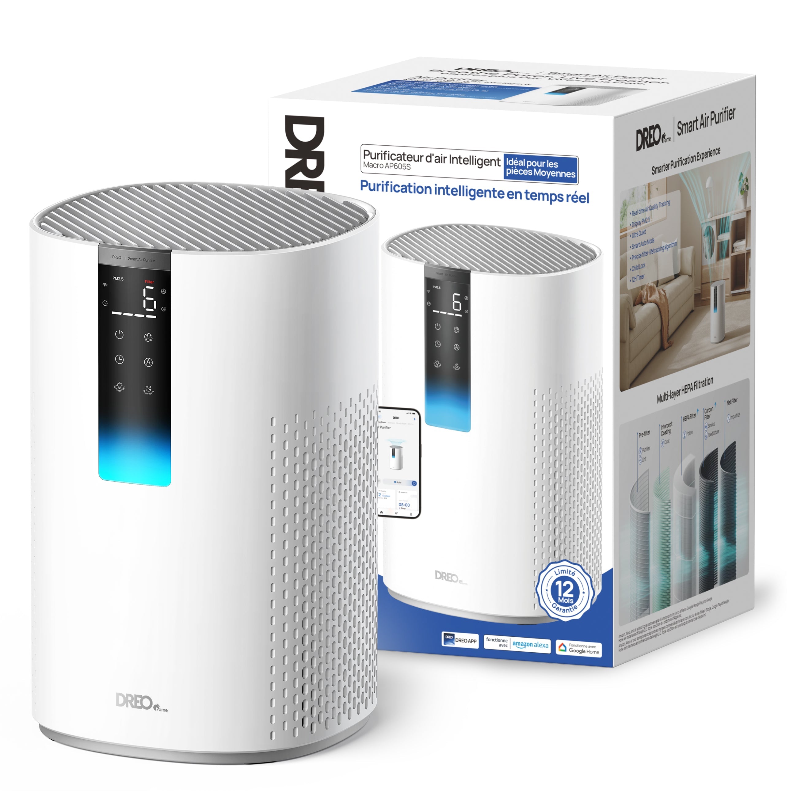 Purificator aer Dreo Macro 505S Smart, WI-FI, CADR 202 m³/h, Filtru 3 in 1 H13 True HEPA, Senzor calitate aer, Mod Auto, Mod de noapte, Lumină ambientală, 4 trepte de viteza, Timer, Până la 17 m2, Alb