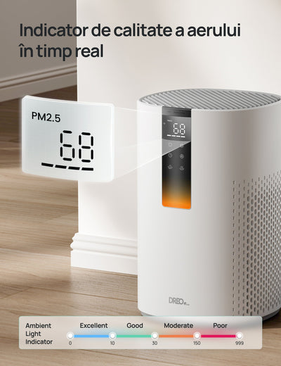 Purificator aer Dreo Macro 505S Smart, WI-FI, CADR 202 m³/h, Filtru 3 in 1 H13 True HEPA, Senzor calitate aer, Mod Auto, Mod de noapte, Lumină ambientală, 4 trepte de viteza, Timer, Până la 17 m2, Alb - OVIX - Găsești soluții de încălzire, răcire și ventilare, toate integrate și controlabile dintr-o singură platformă.