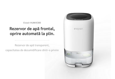 Dezumidificator aer Evoair HUMIX300, 300ml/24h, Silentios, Lumina Ambientală în 7 culori, Rezervor 1l, Alb - OVIX - Găsești soluții de încălzire, răcire și ventilare, toate integrate și controlabile dintr-o singură platformă.