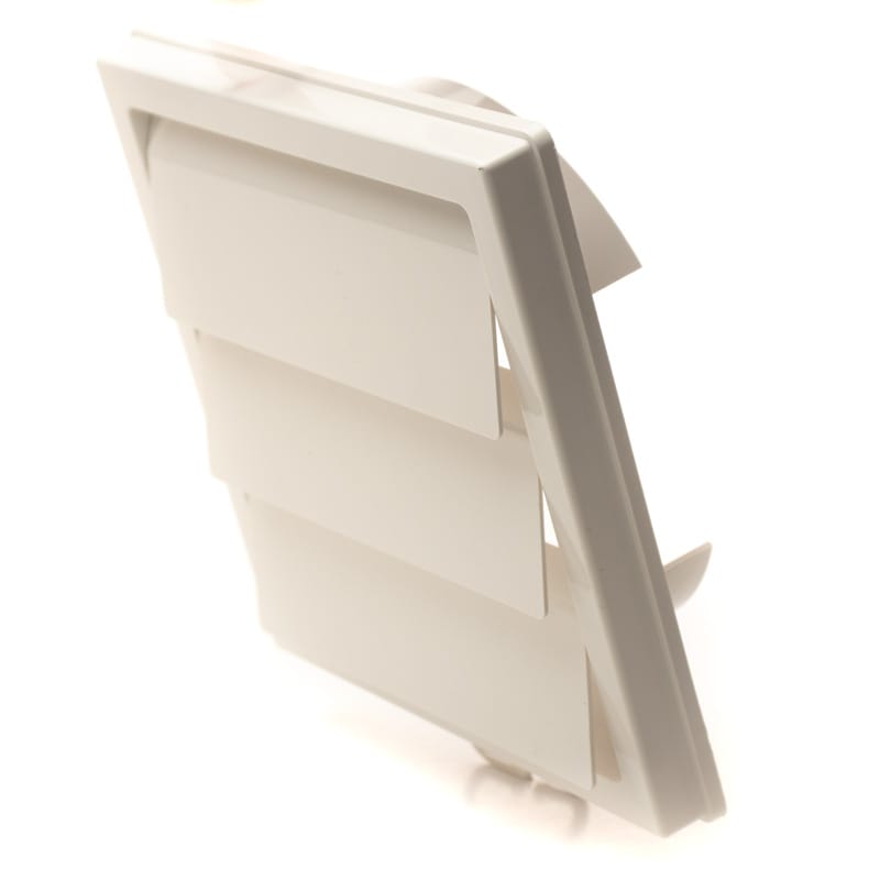 Grila ventilatie Ø125mm patrata cu jaluzele gravitationale, exterior 150x150, ASA plastic Alb