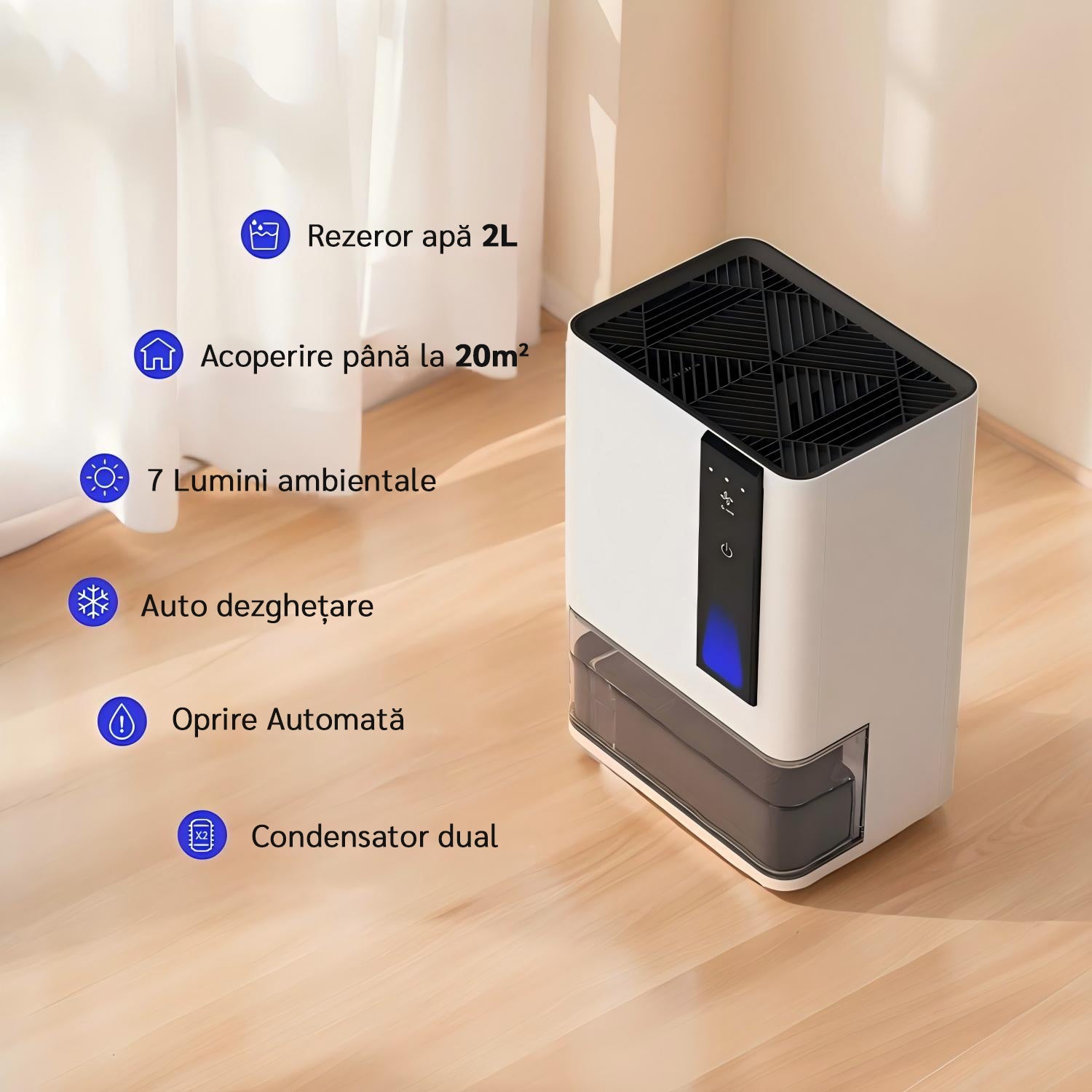 Dezumidificator Evoair HIDRY PLUS, 900ml/24h, Lumina ambientala in 7 culori, Rezervor 1.9l, 3 Viteze, Functie Auto Dezghetare, Alb - OVIX - Găsești soluții de încălzire, răcire și ventilare, toate integrate și controlabile dintr-o singură platformă.