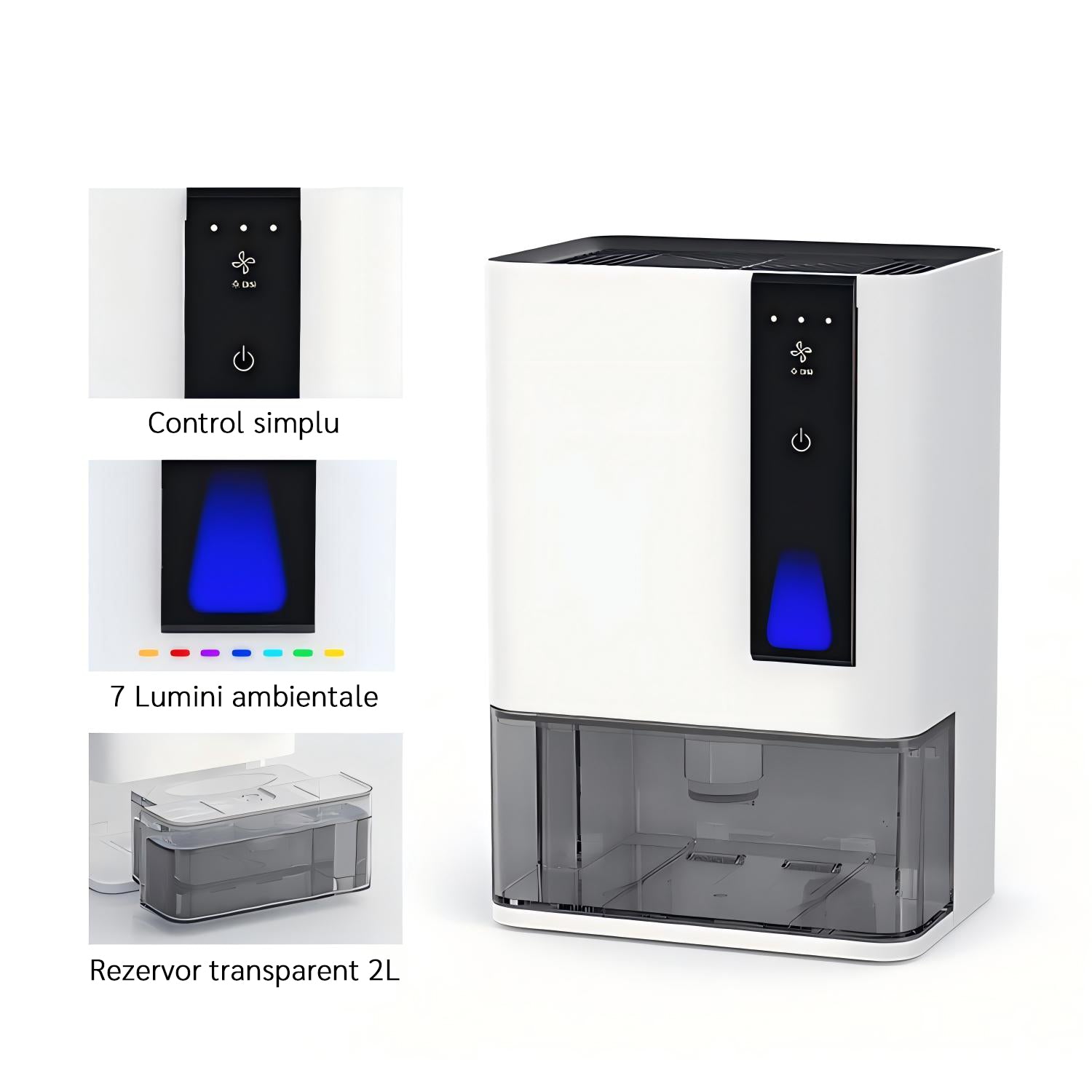 Dezumidificator Evoair HIDRY PLUS, 900ml/24h, Lumina ambientala in 7 culori, Rezervor 1.9l, 3 Viteze, Functie Auto Dezghetare, Alb - OVIX - Găsești soluții de încălzire, răcire și ventilare, toate integrate și controlabile dintr-o singură platformă.