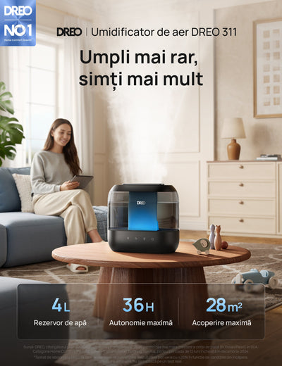 Umidificator Dreo 311S Smart, Wifi, Rezervor 4L,Capacitate de umidificare 250 ml/h, Ceata Rece, Autonomie 36 ore, Aromaterapie, Negru - OVIX - Găsești soluții de încălzire, răcire și ventilare, toate integrate și controlabile dintr-o singură platformă.