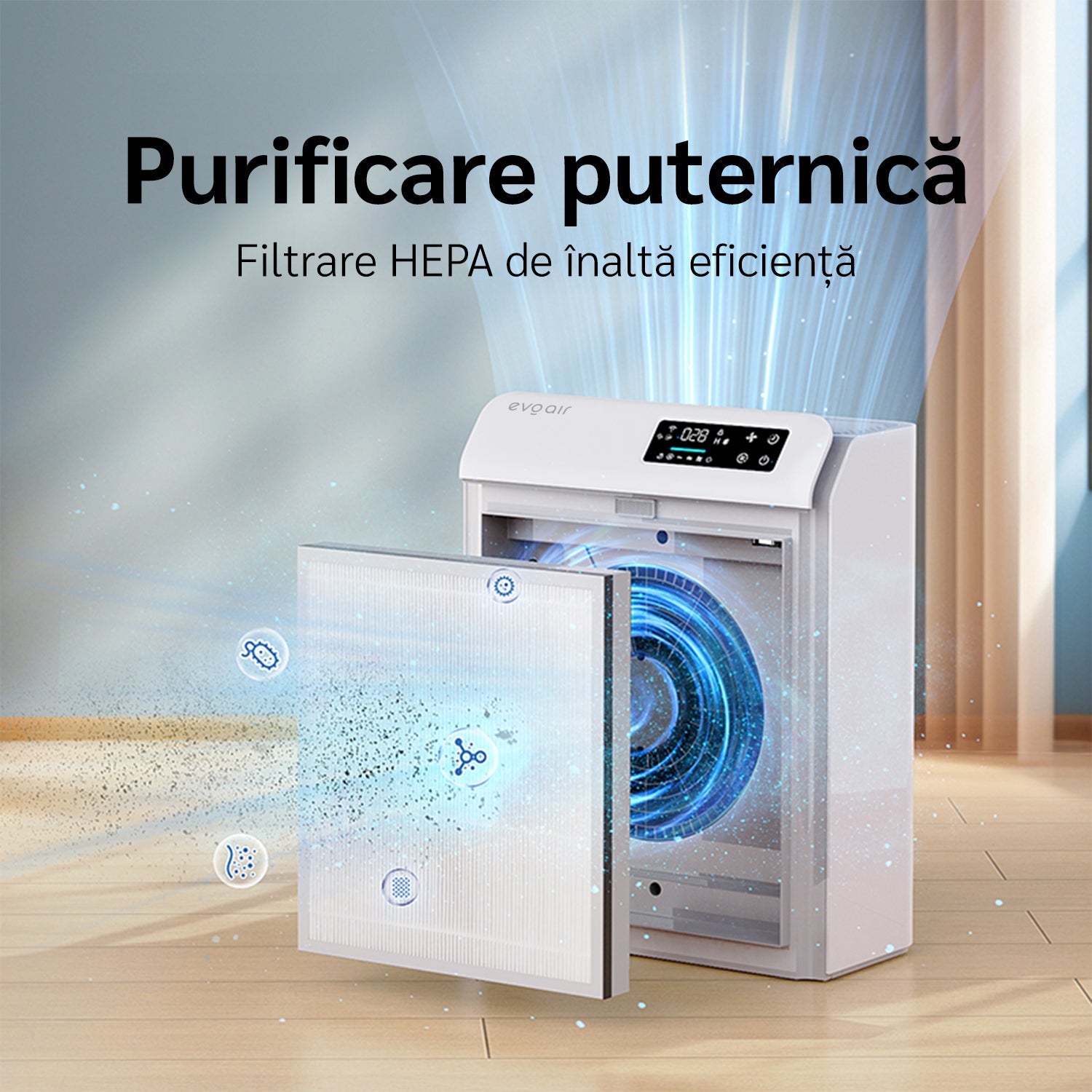 Purificator de aer Evoair HOMI P300, CADR 300m³/h, WI-FI, Filtru True Hepa, Mod Auto, Lampa UV, Ionizare, 6 Moduri Functionare, Senzor Calitate Aer, Alb